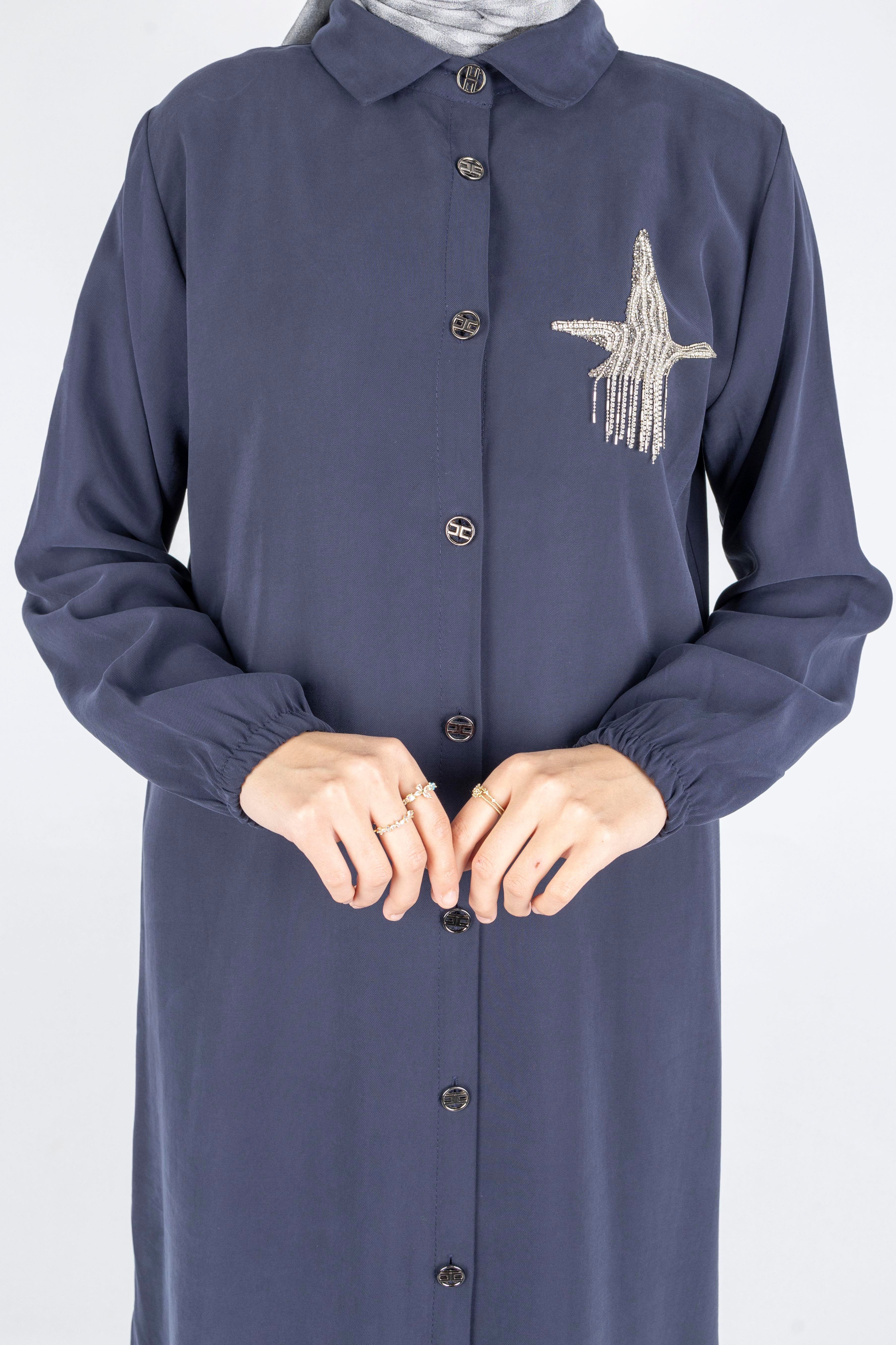 Büyük Beden Düğmeli Taş İşlemeli Tunik Lacivert OTW319