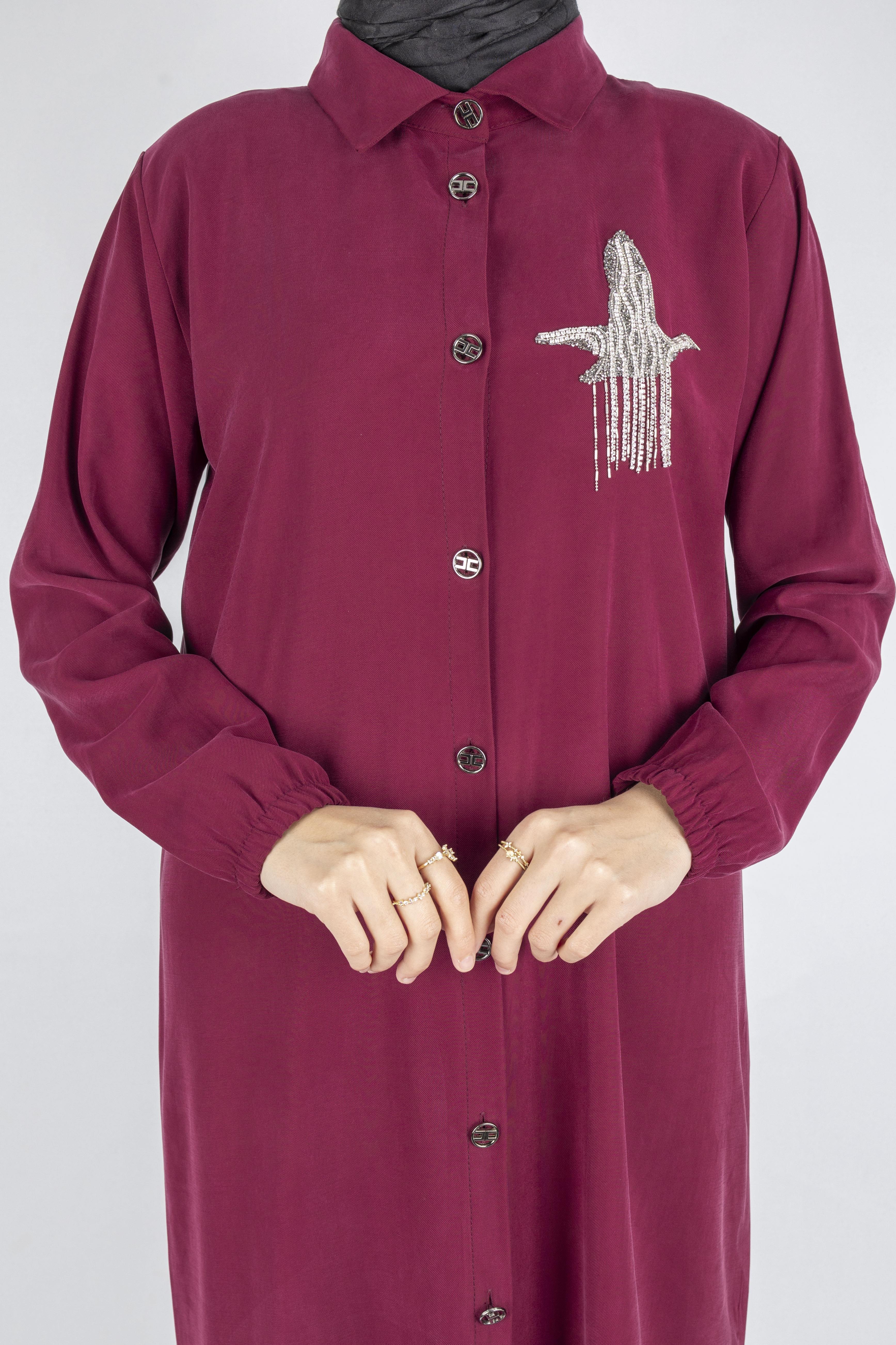 Büyük Beden Düğmeli Taş İşlemeli Tunik Bordo OTW319