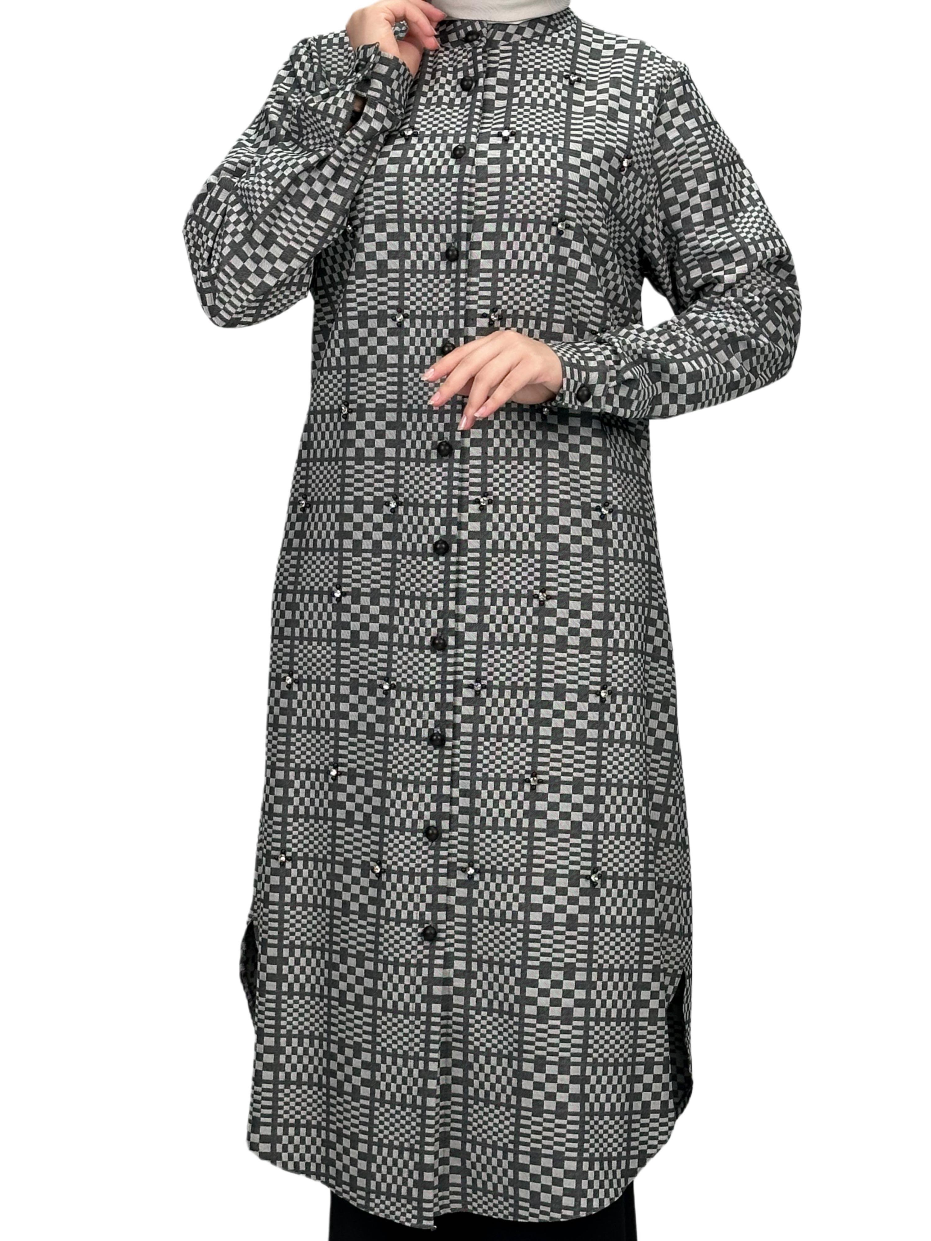 Büyük Beden Ekose Tunik Gri OTW2103