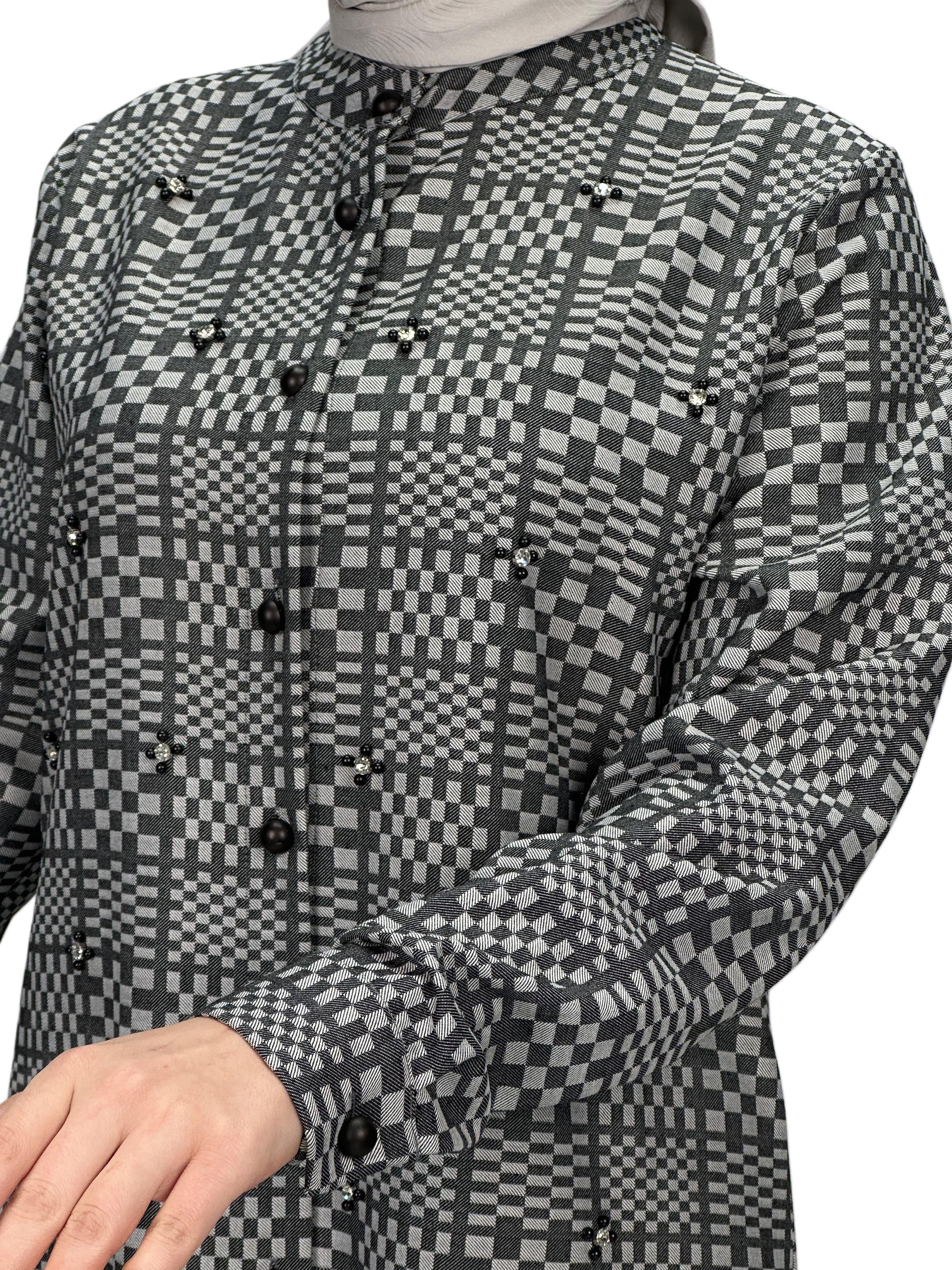 Büyük Beden Ekose Tunik Gri OTW2103