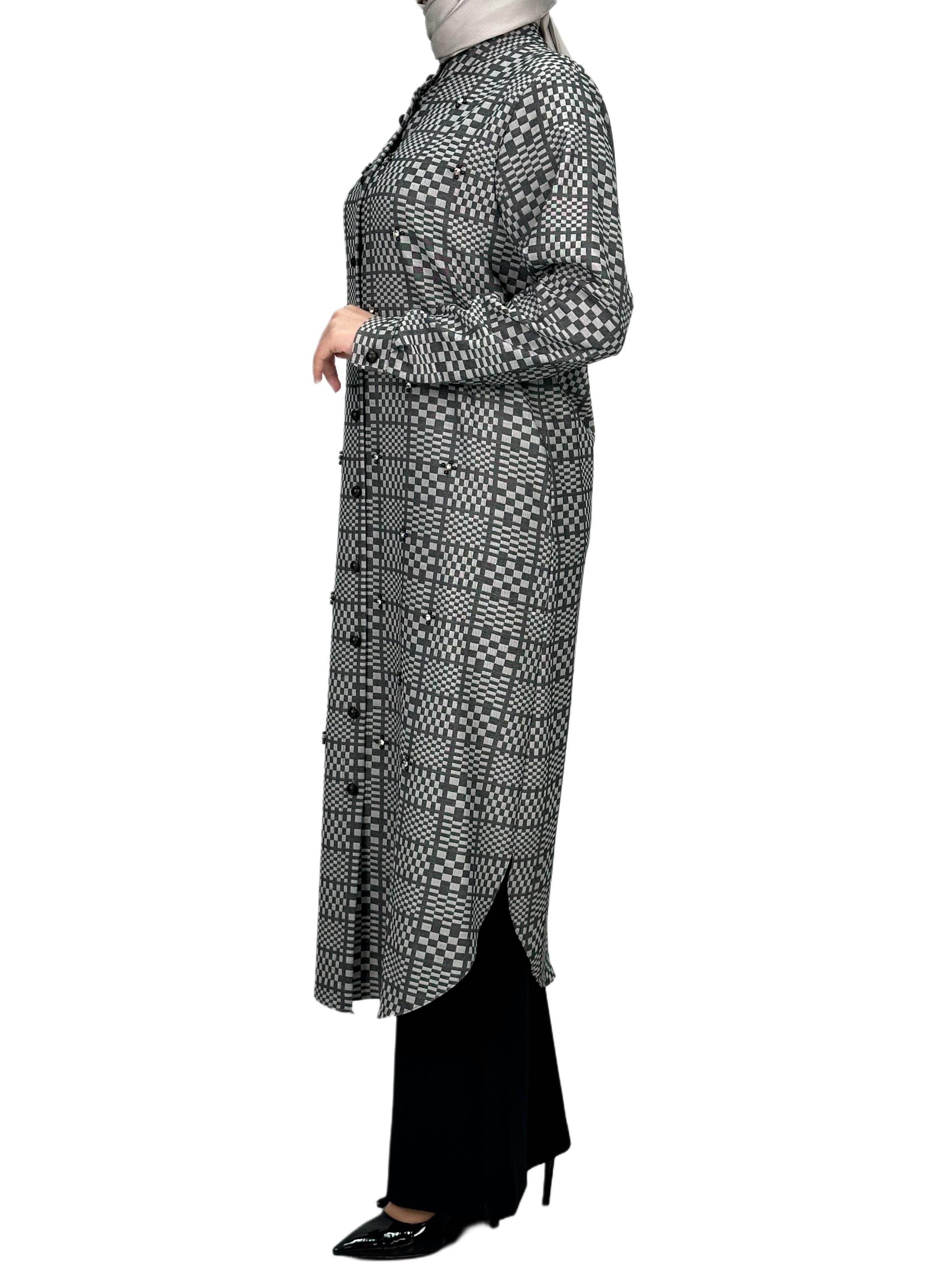 Büyük Beden Ekose Tunik Gri OTW2103