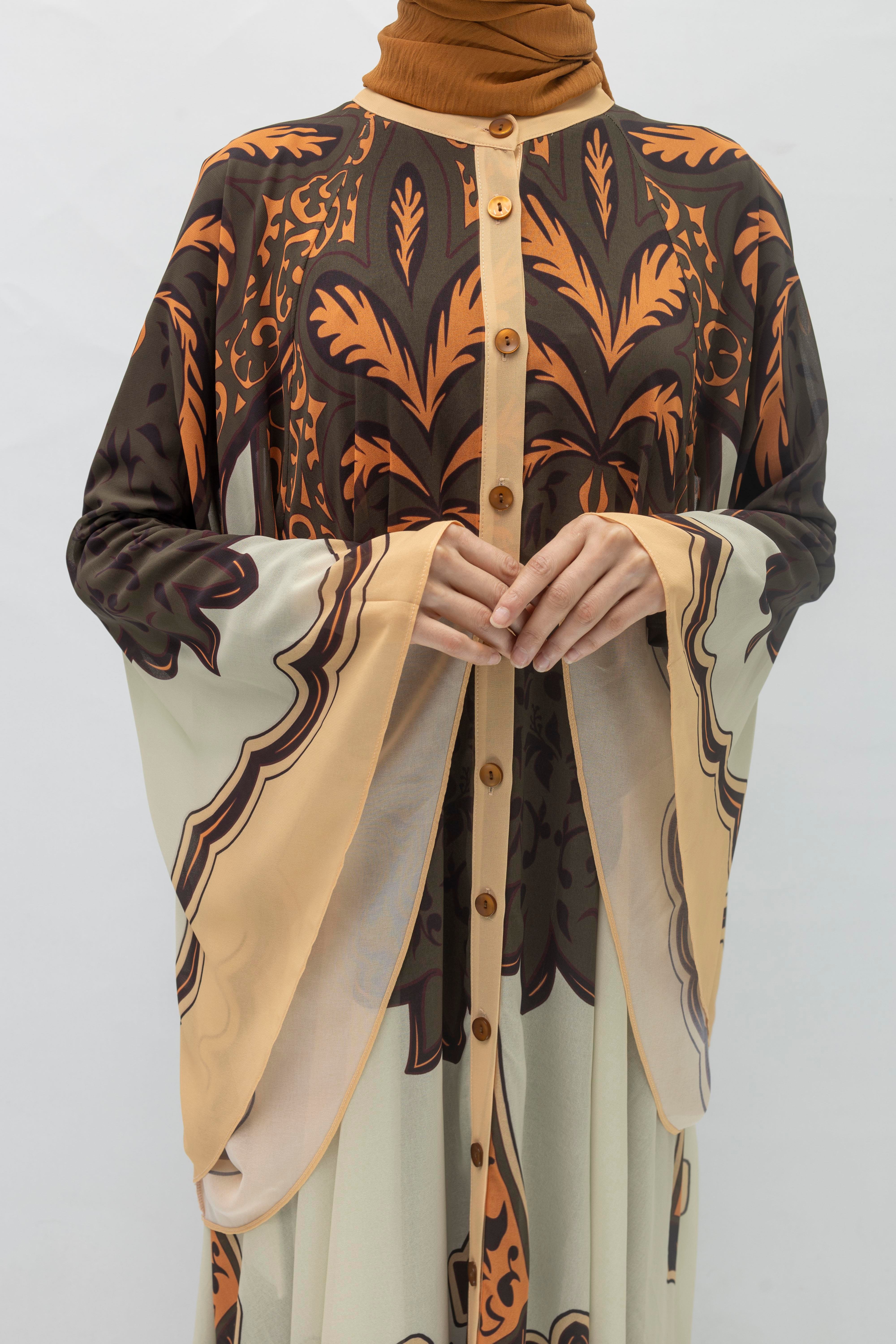 Büyük Beden Etnik Desenli Yazlık Desenli Tül Elbise Bej-Siyah OTW392