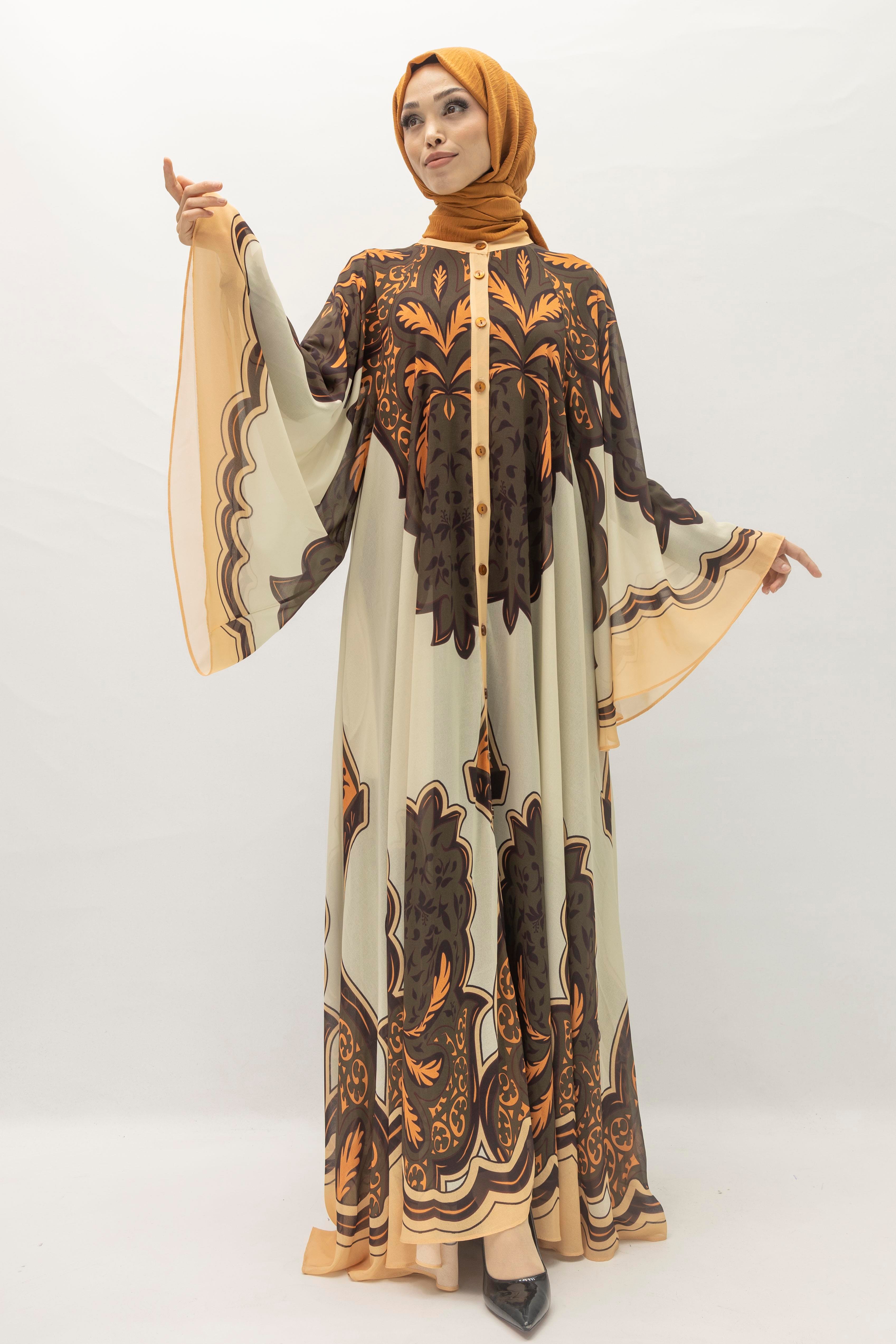 Büyük Beden Etnik Desenli Yazlık Desenli Tül Elbise Bej-Siyah OTW392