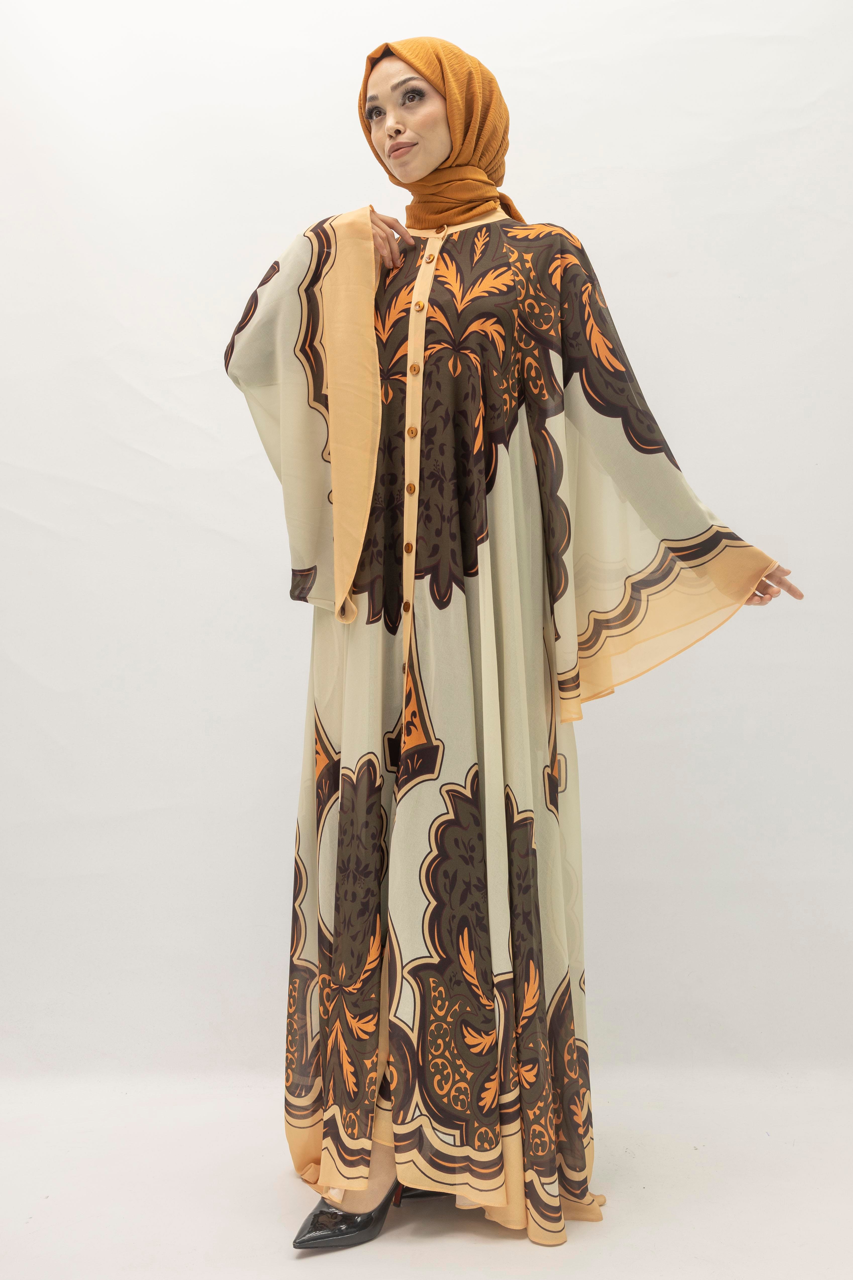 Büyük Beden Etnik Desenli Yazlık Desenli Tül Elbise Bej-Siyah OTW392