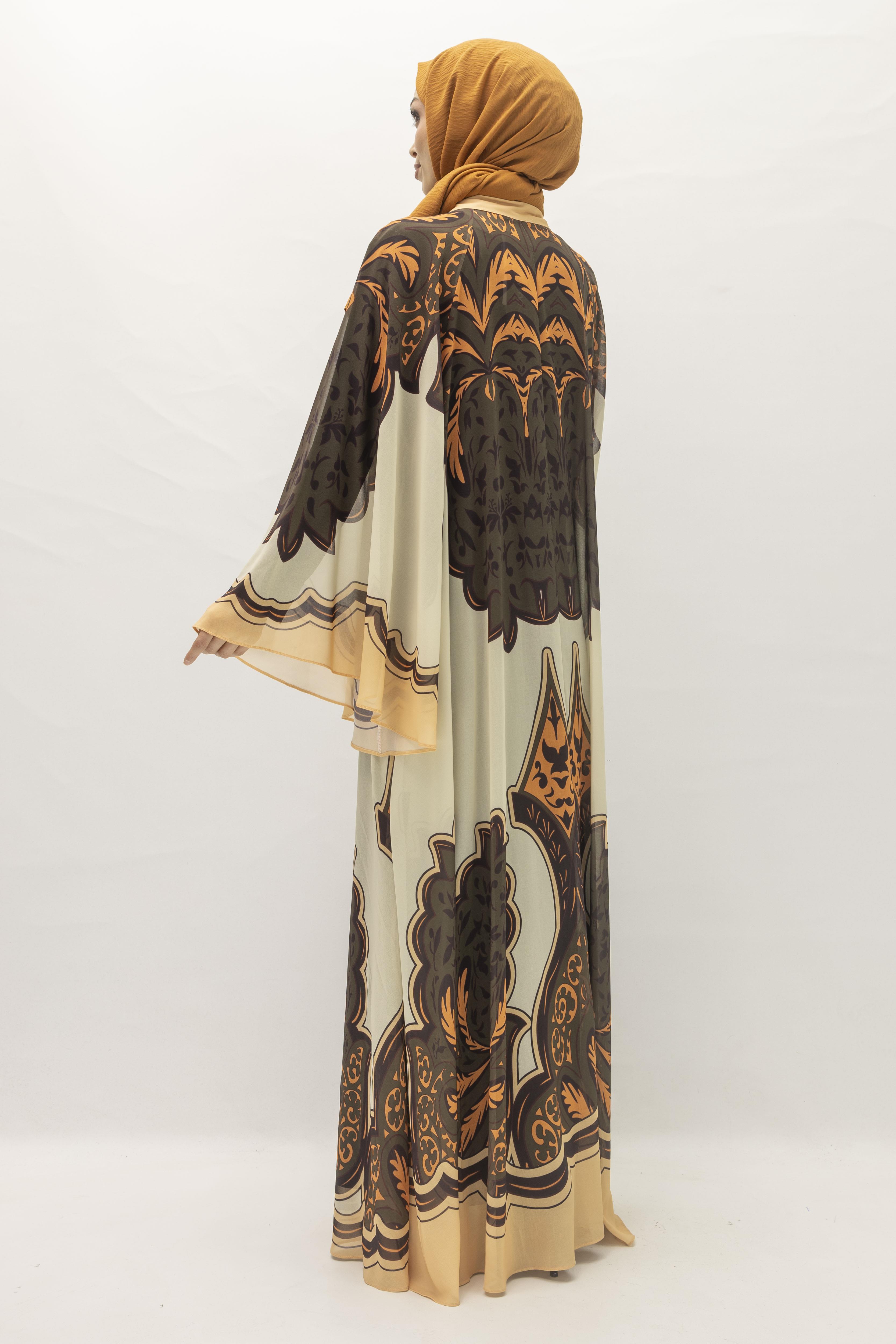 Büyük Beden Etnik Desenli Yazlık Desenli Tül Elbise Bej-Siyah OTW392