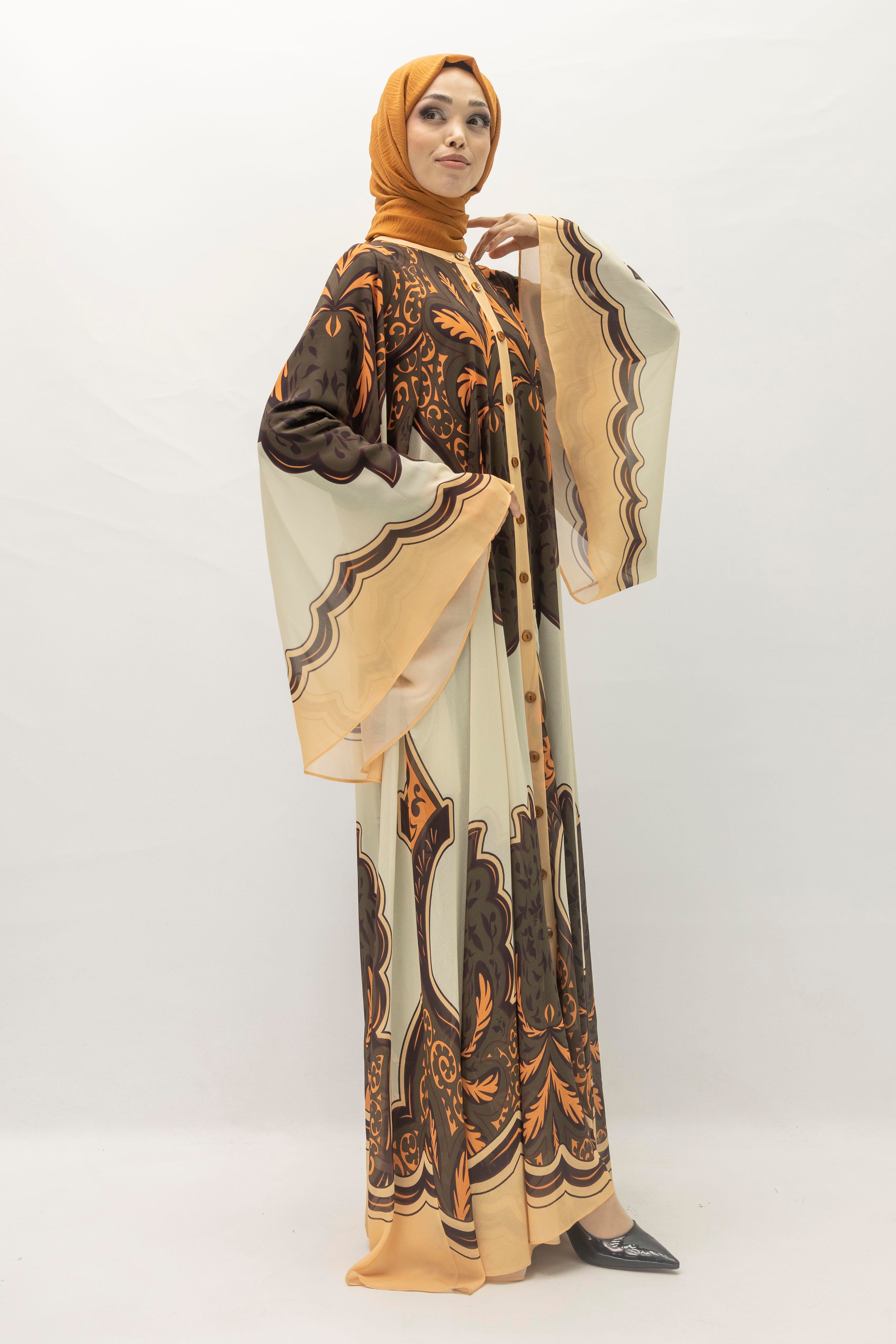 Büyük Beden Etnik Desenli Yazlık Desenli Tül Elbise Bej-Siyah OTW392