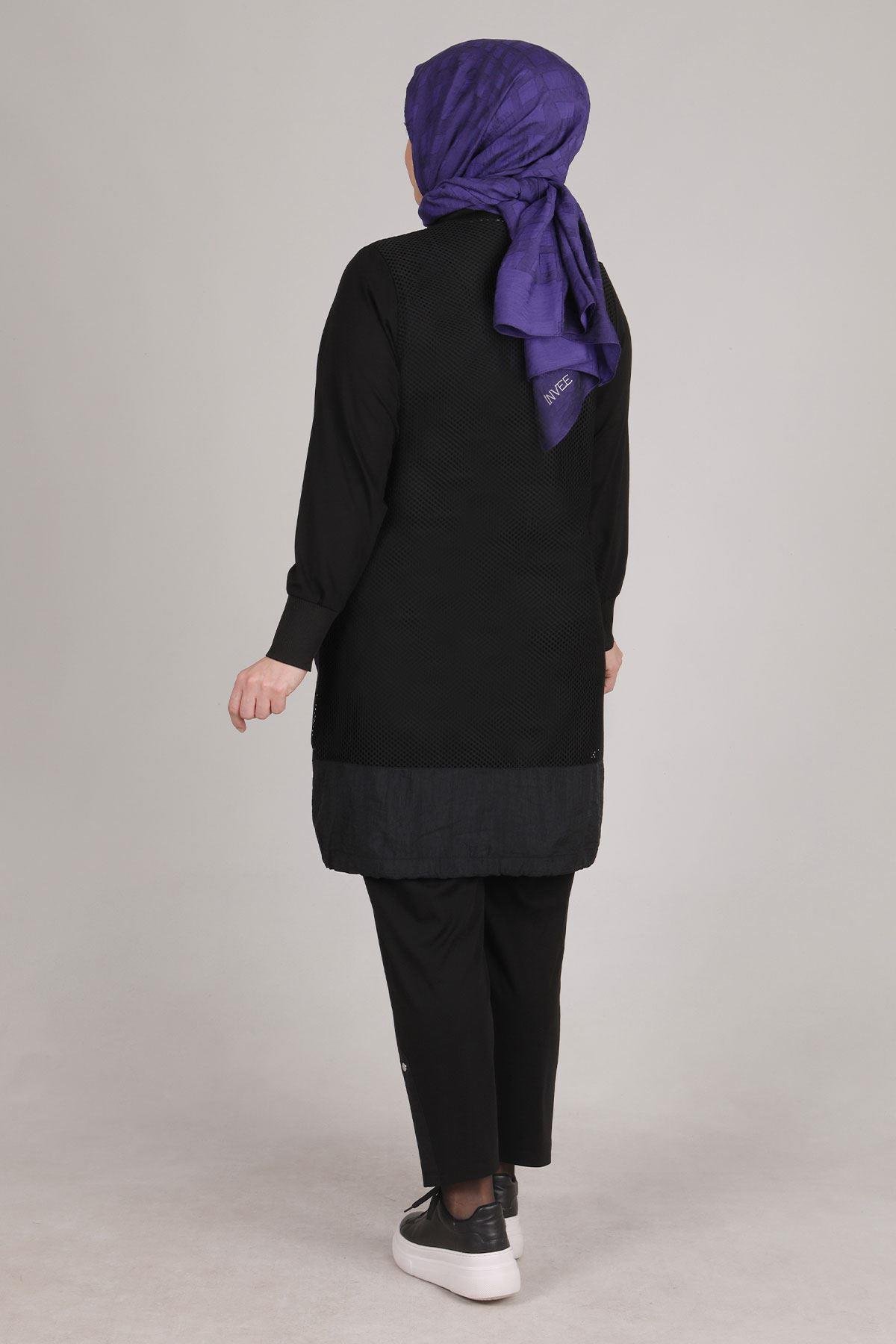 Büyük Beden File Ceketli Pantolonlu Takım Siyah OTW70014