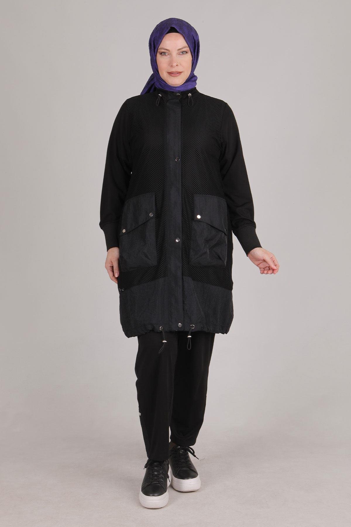 Büyük Beden File Ceketli Pantolonlu Takım Siyah OTW70014