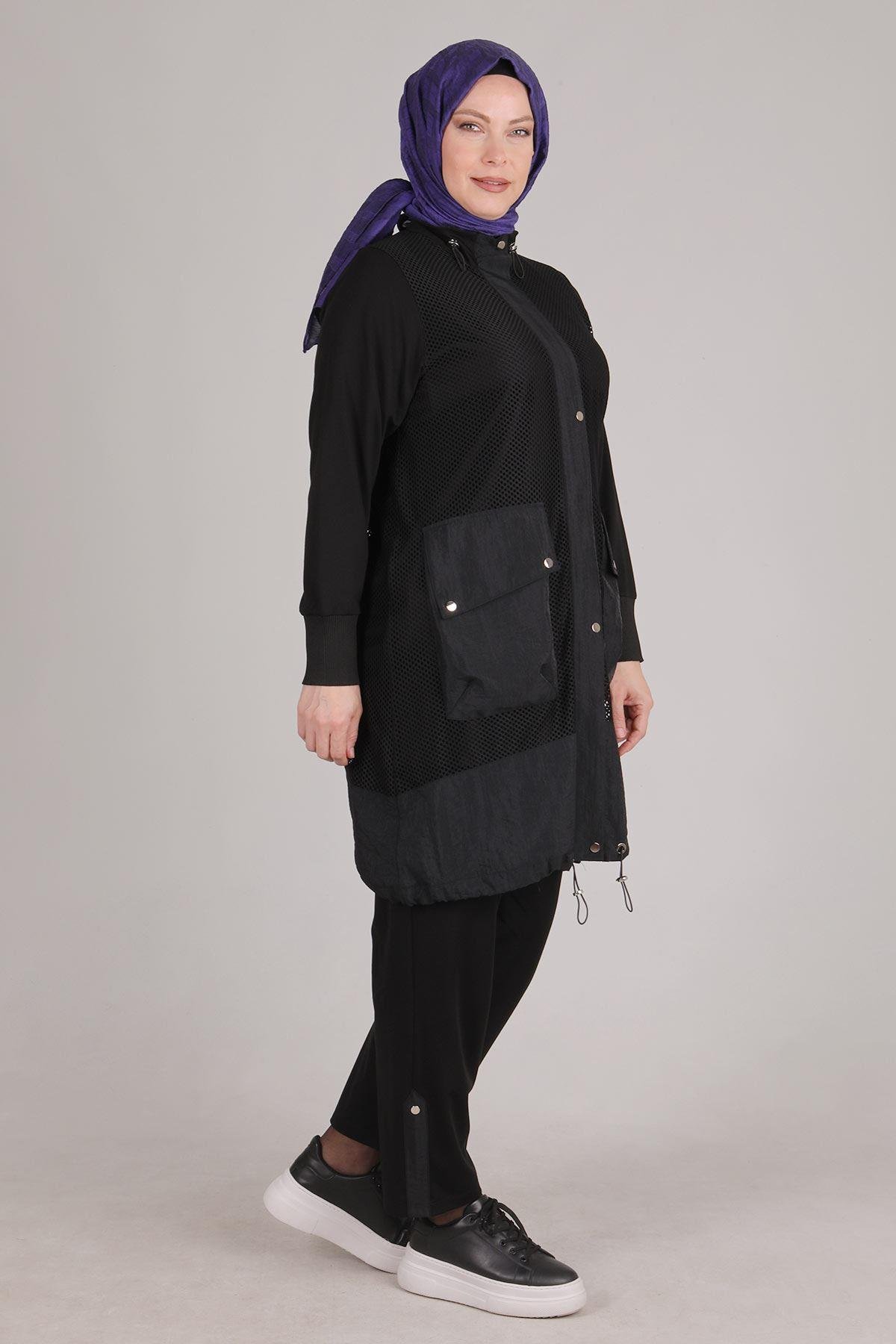 Büyük Beden File Ceketli Pantolonlu Takım Siyah OTW70014