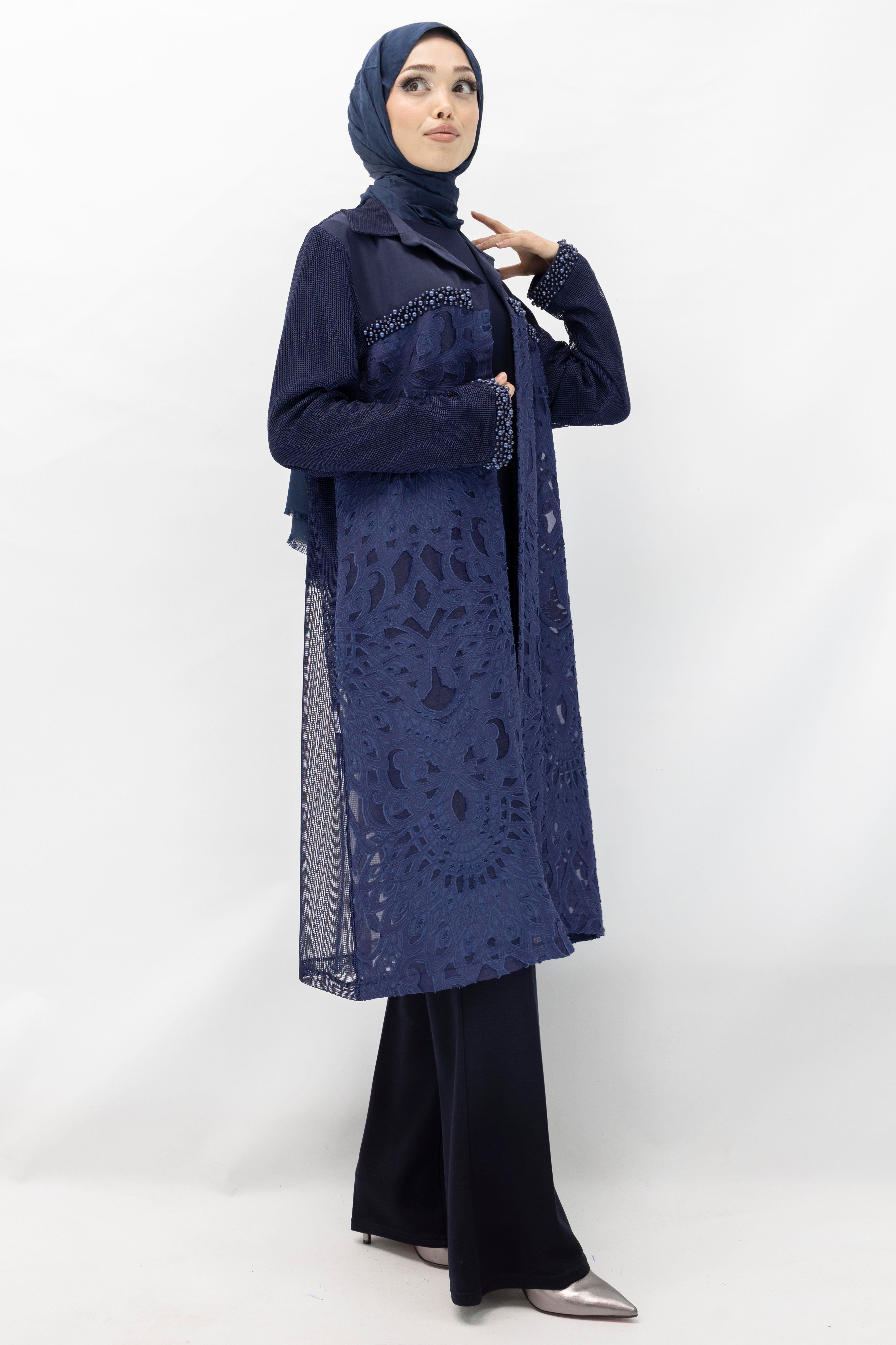 Büyük Beden Fileli Kimono İçlik İkili Takım Lacivert OTW25140
