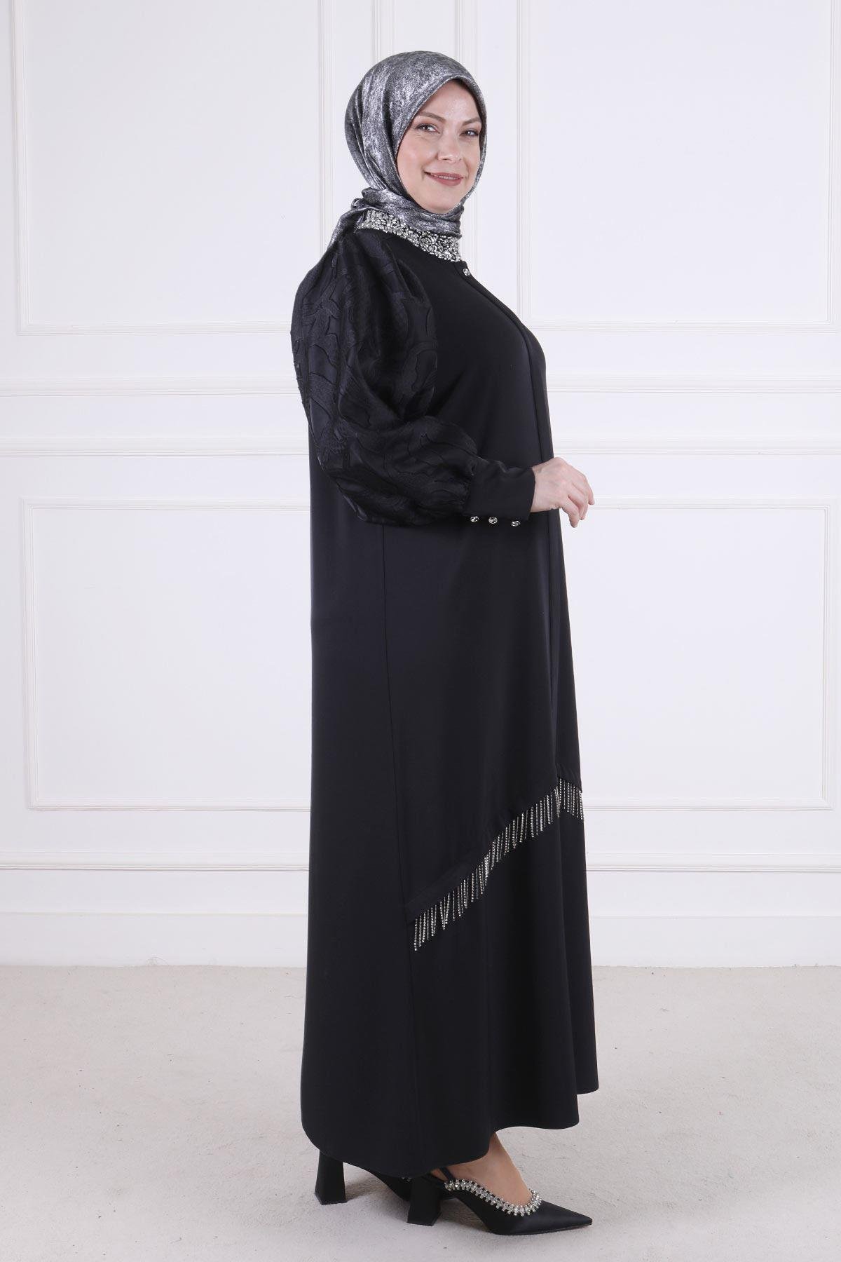 Büyük Beden Gizli Düğmeli Abaya Siyah OTW65010