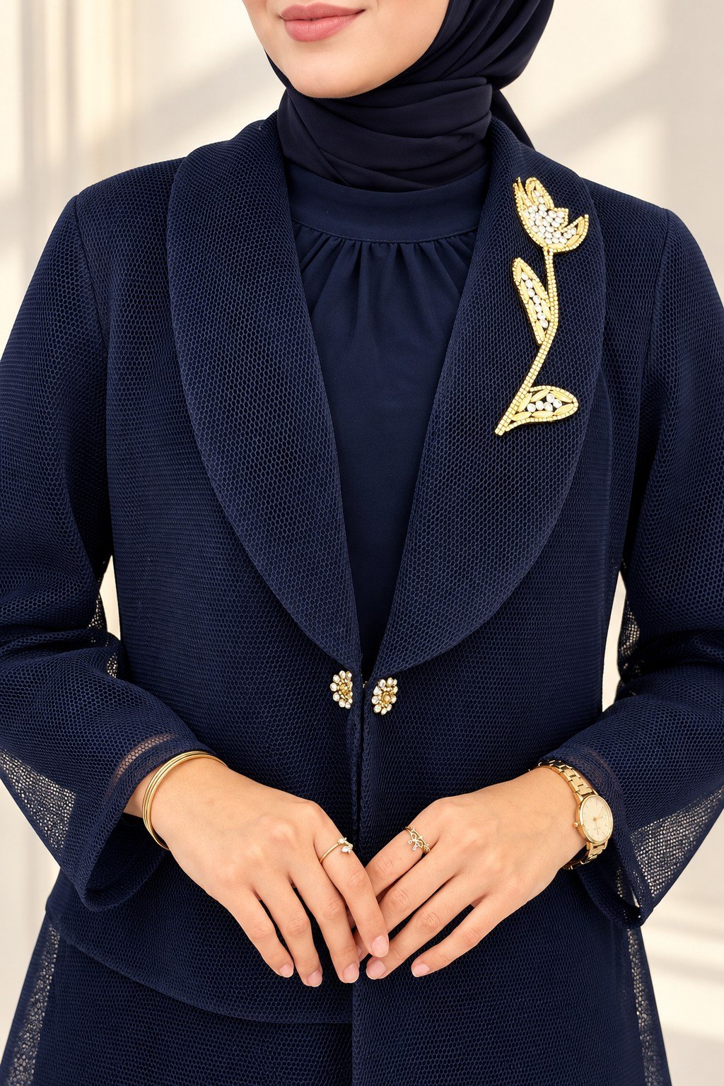 Büyük Beden Gold Çiçek Detaylı Şal Yaka Sırtı Desenli Tasarım Abaya Takım Lacivert OTW47813