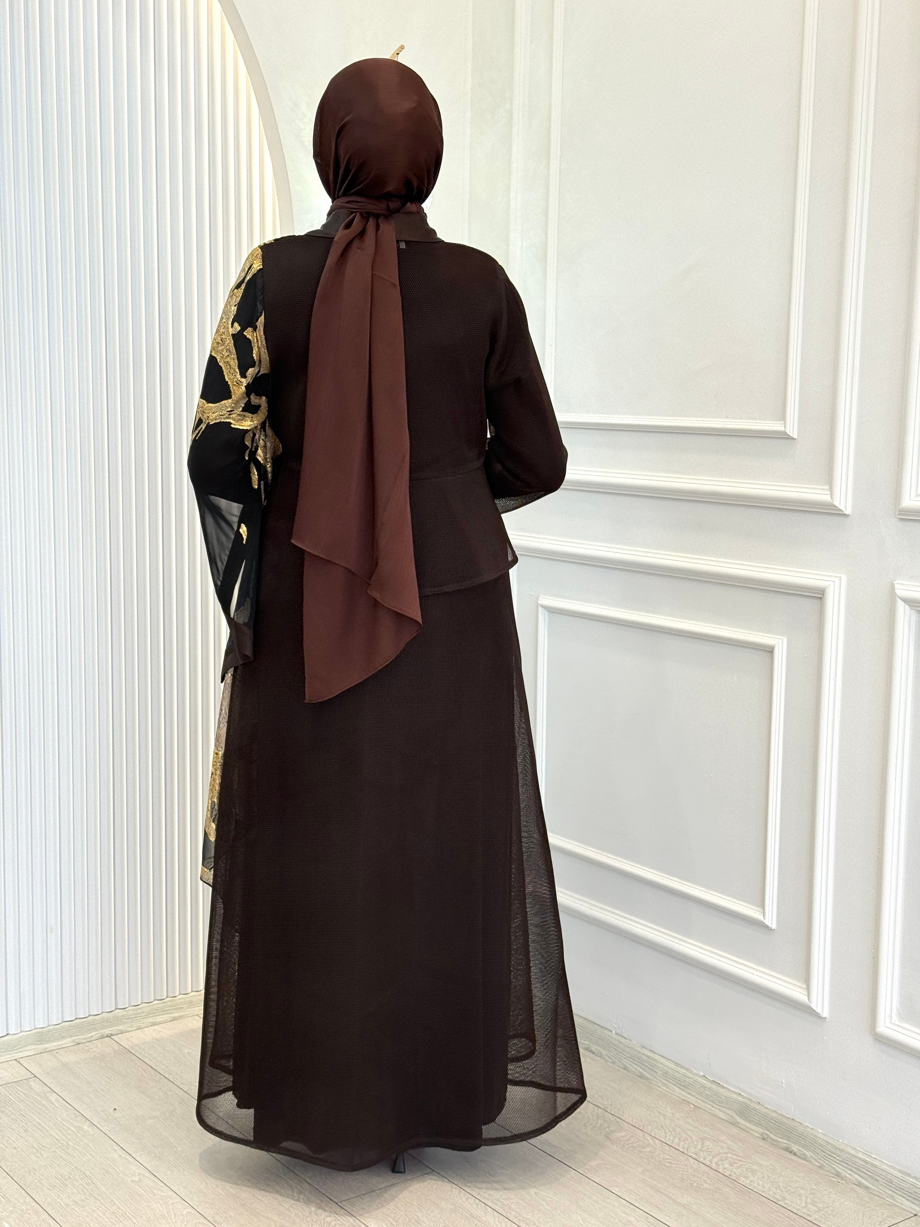 Büyük Beden Gold Desenli Abaya Takım Kahve OTW46925