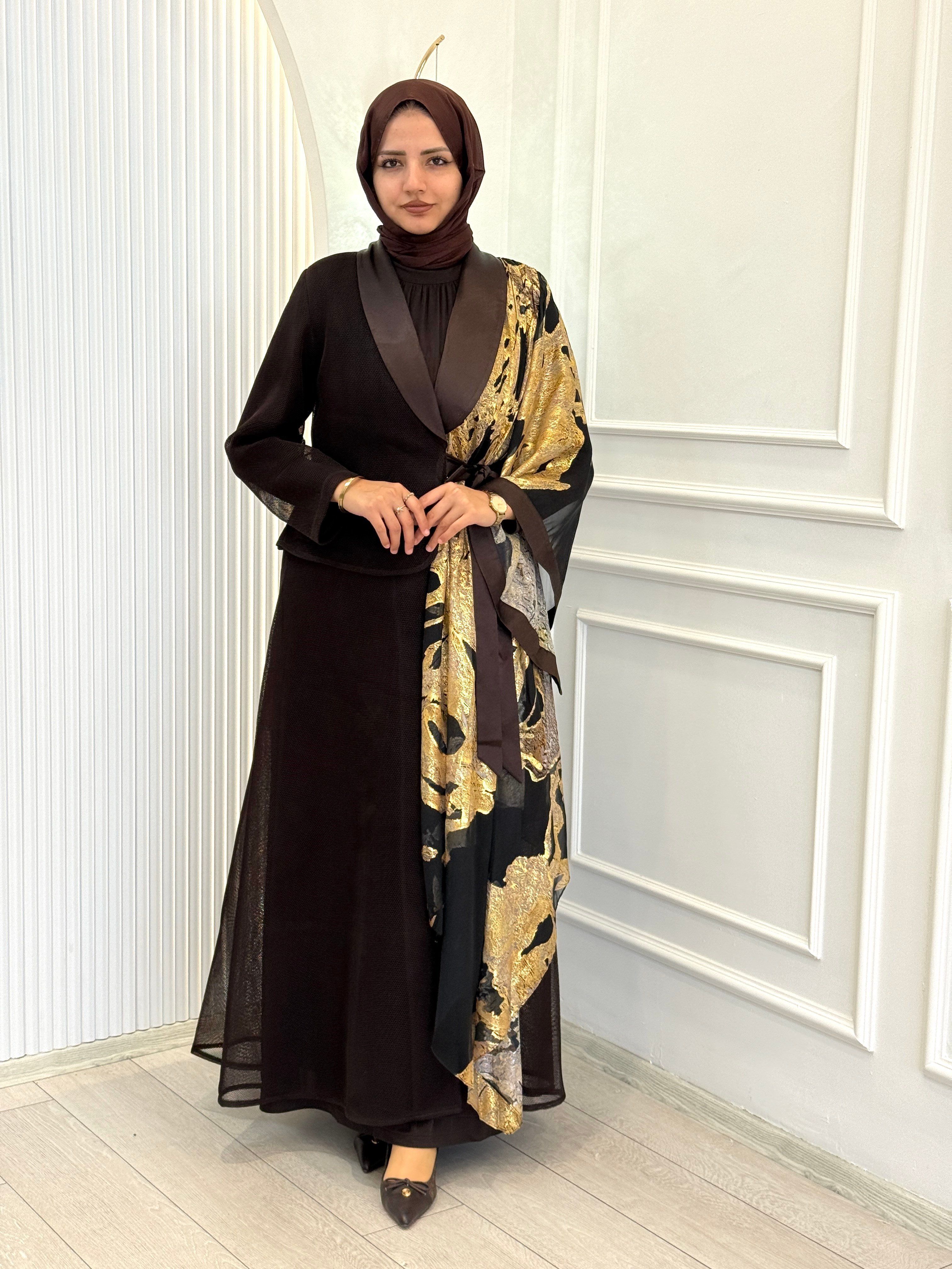 Büyük Beden Gold Desenli Abaya Takım Kahve OTW46925
