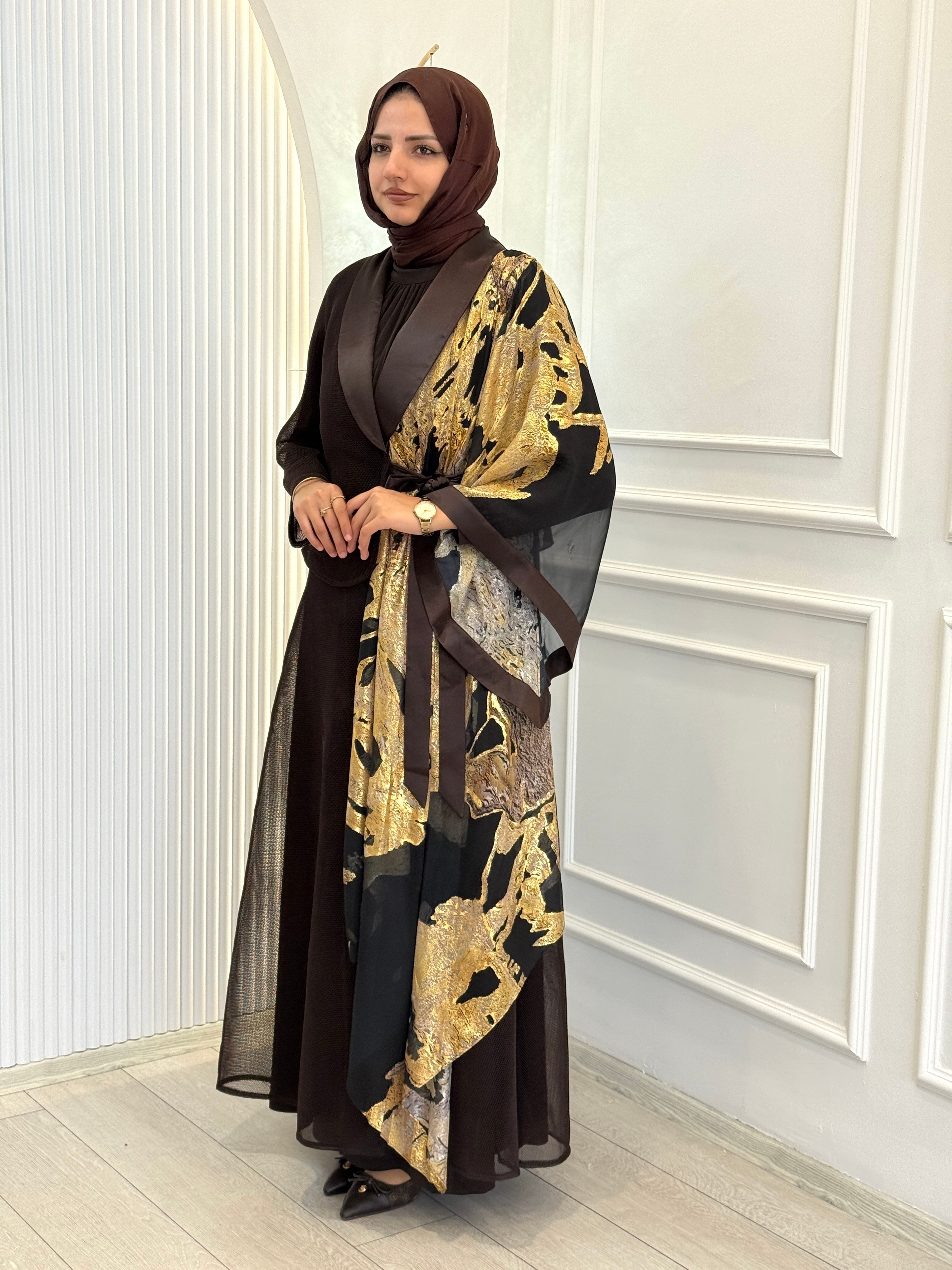 Büyük Beden Gold Desenli Abaya Takım Kahve OTW46925