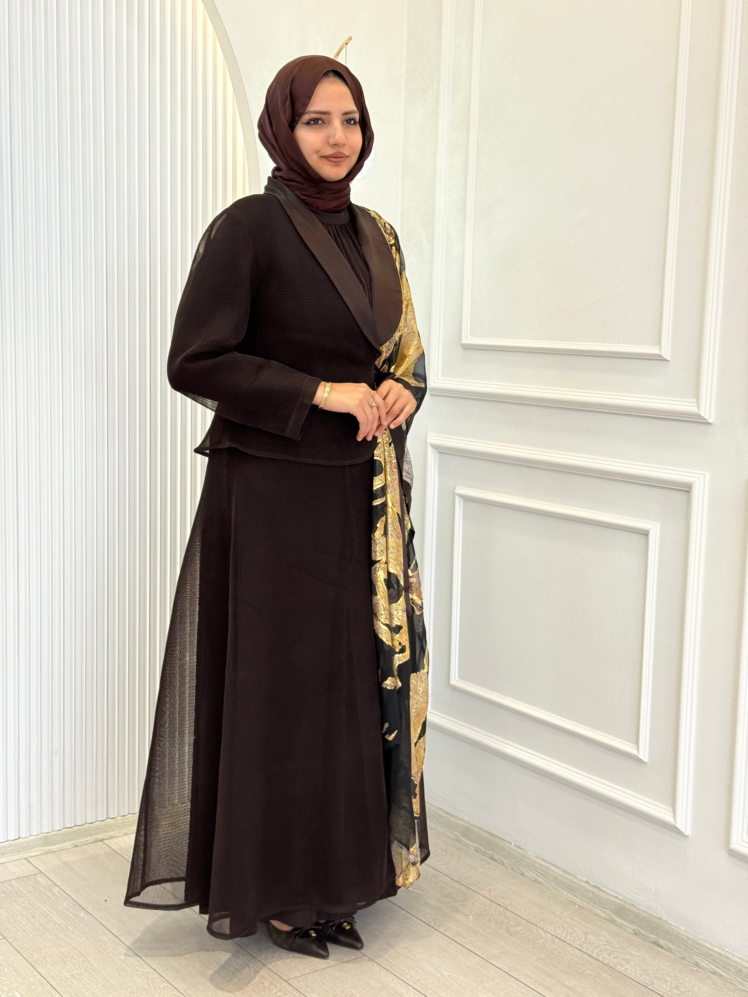 Büyük Beden Gold Desenli Abaya Takım Kahve OTW46925