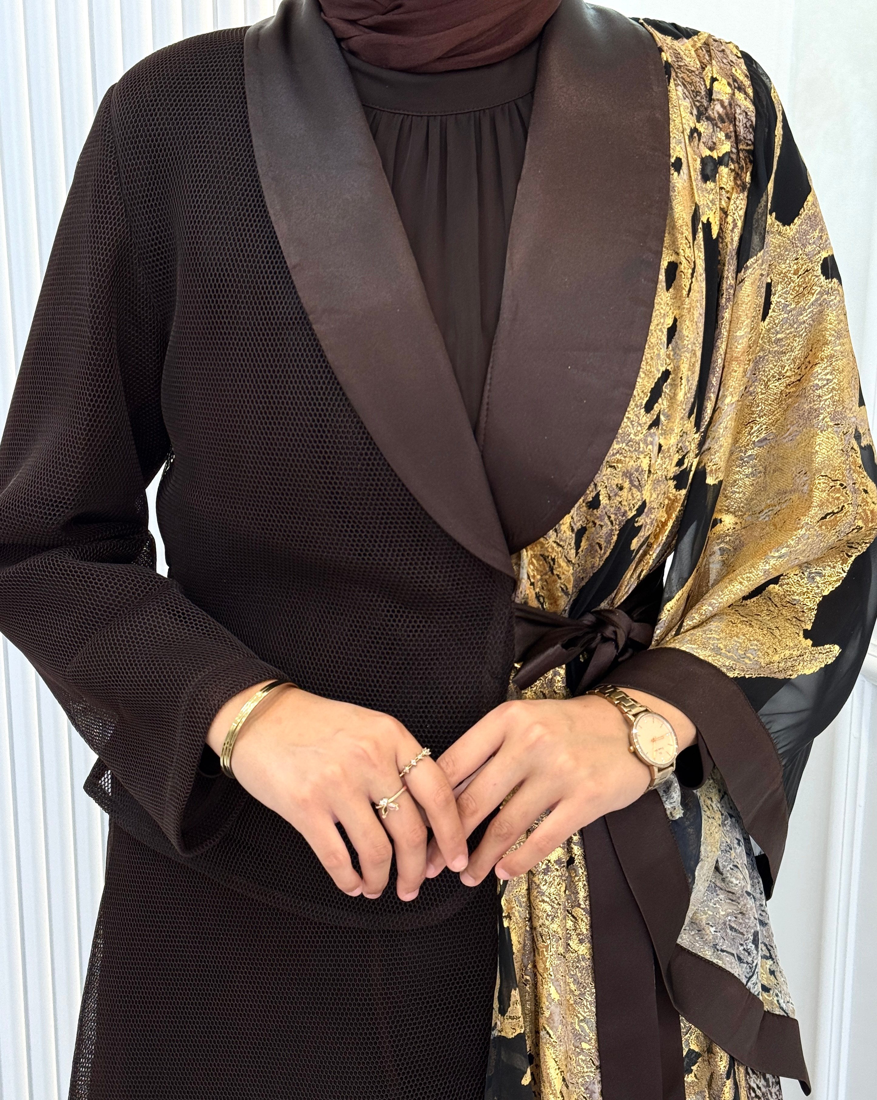 Büyük Beden Gold Desenli Abaya Takım Kahve OTW46925