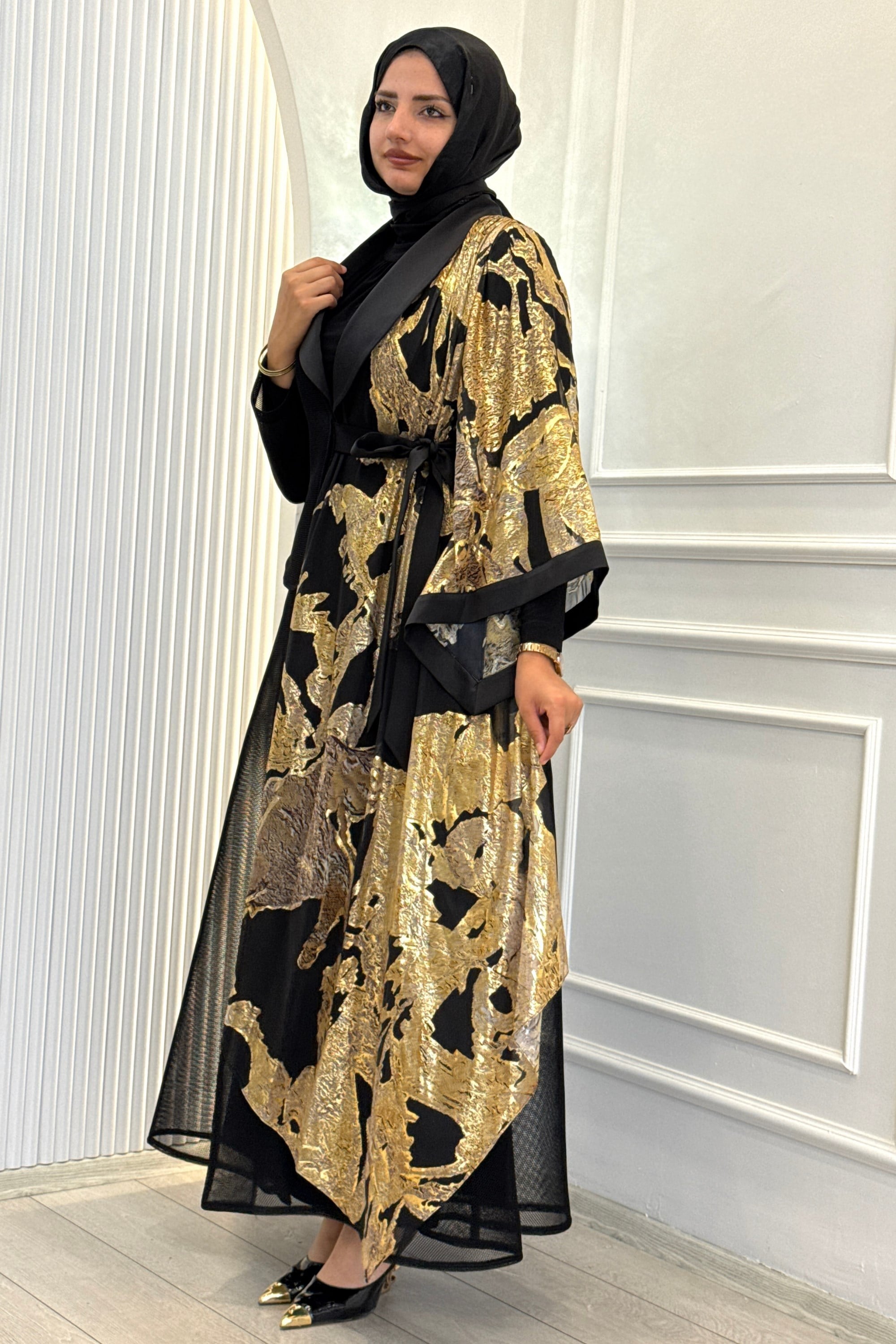 Büyük Beden Gold Desenli Abaya Takım Siyah OTW46925