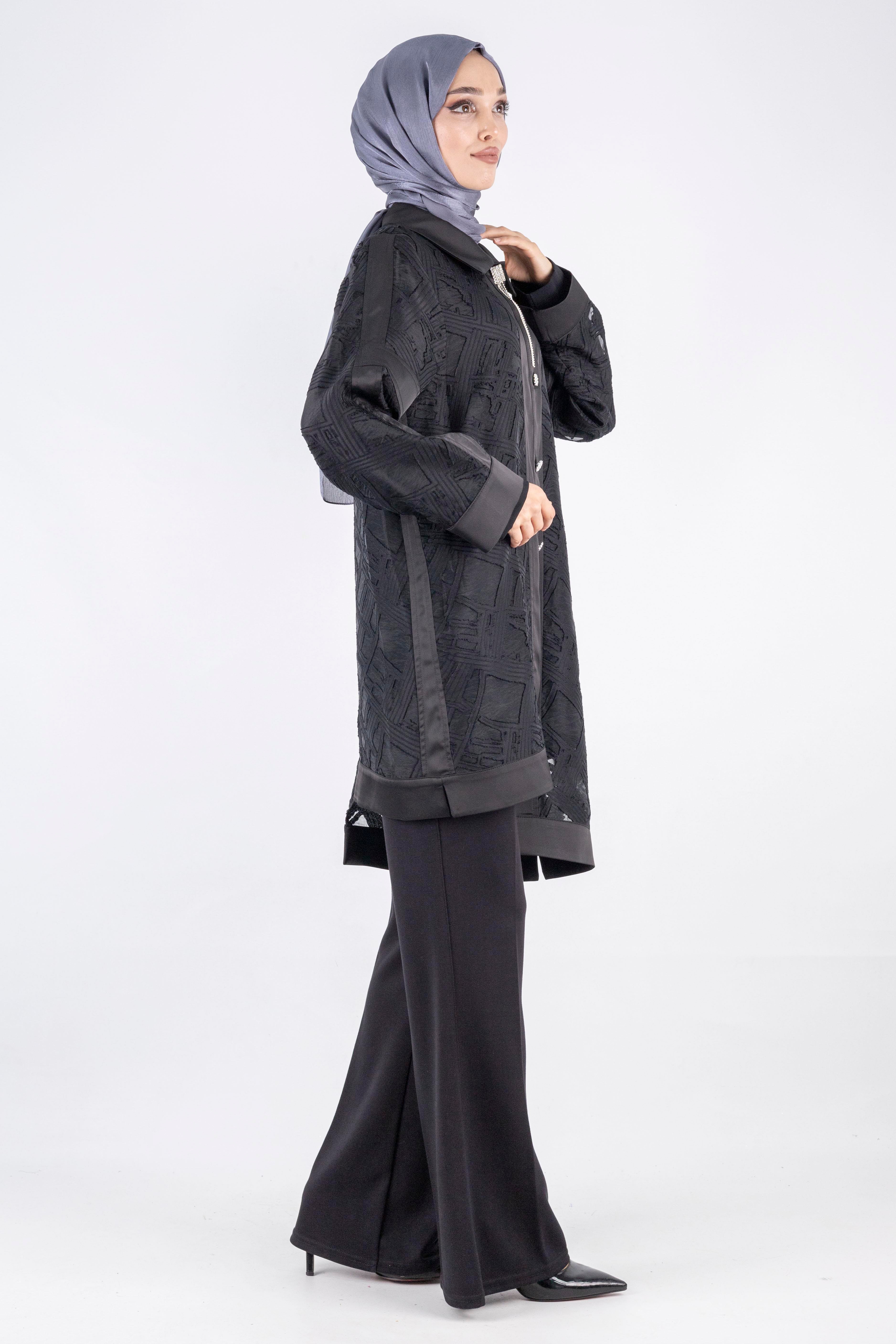 Büyük Beden İçlik ve Yakma Ceket İkili Takım Siyah OTW3006