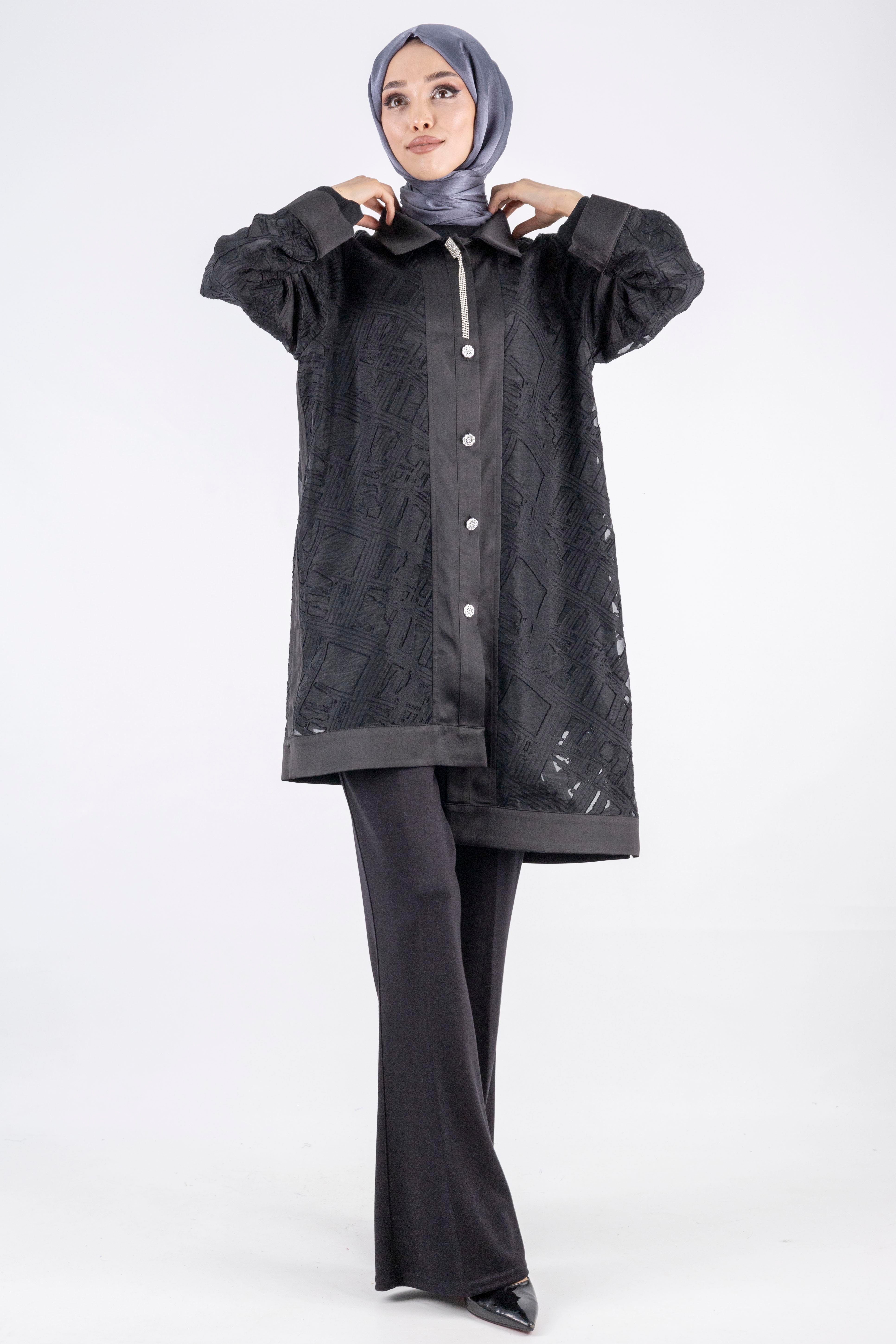 Büyük Beden İçlik ve Yakma Ceket İkili Takım Siyah OTW3006