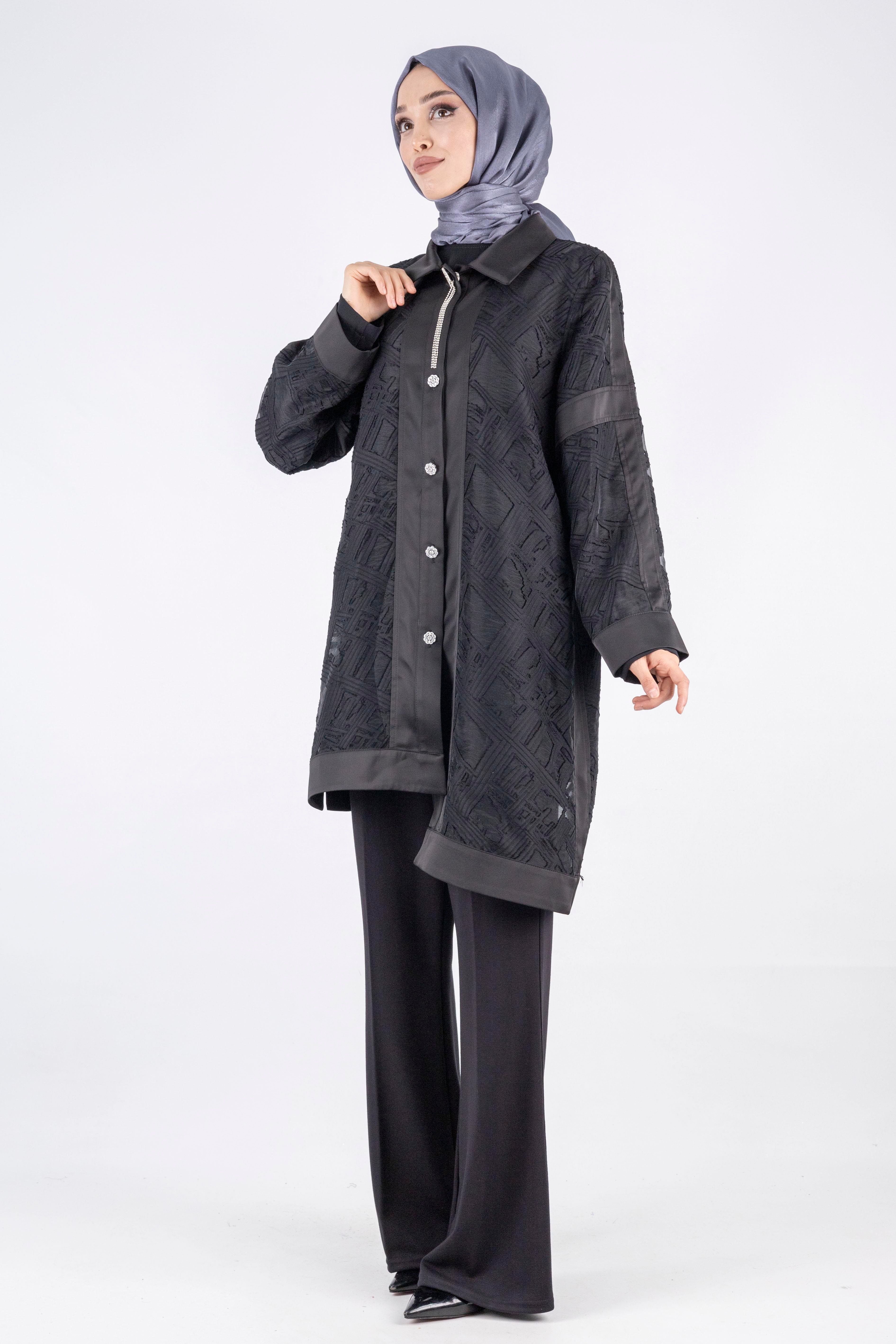 Büyük Beden İçlik ve Yakma Ceket İkili Takım Siyah OTW3006