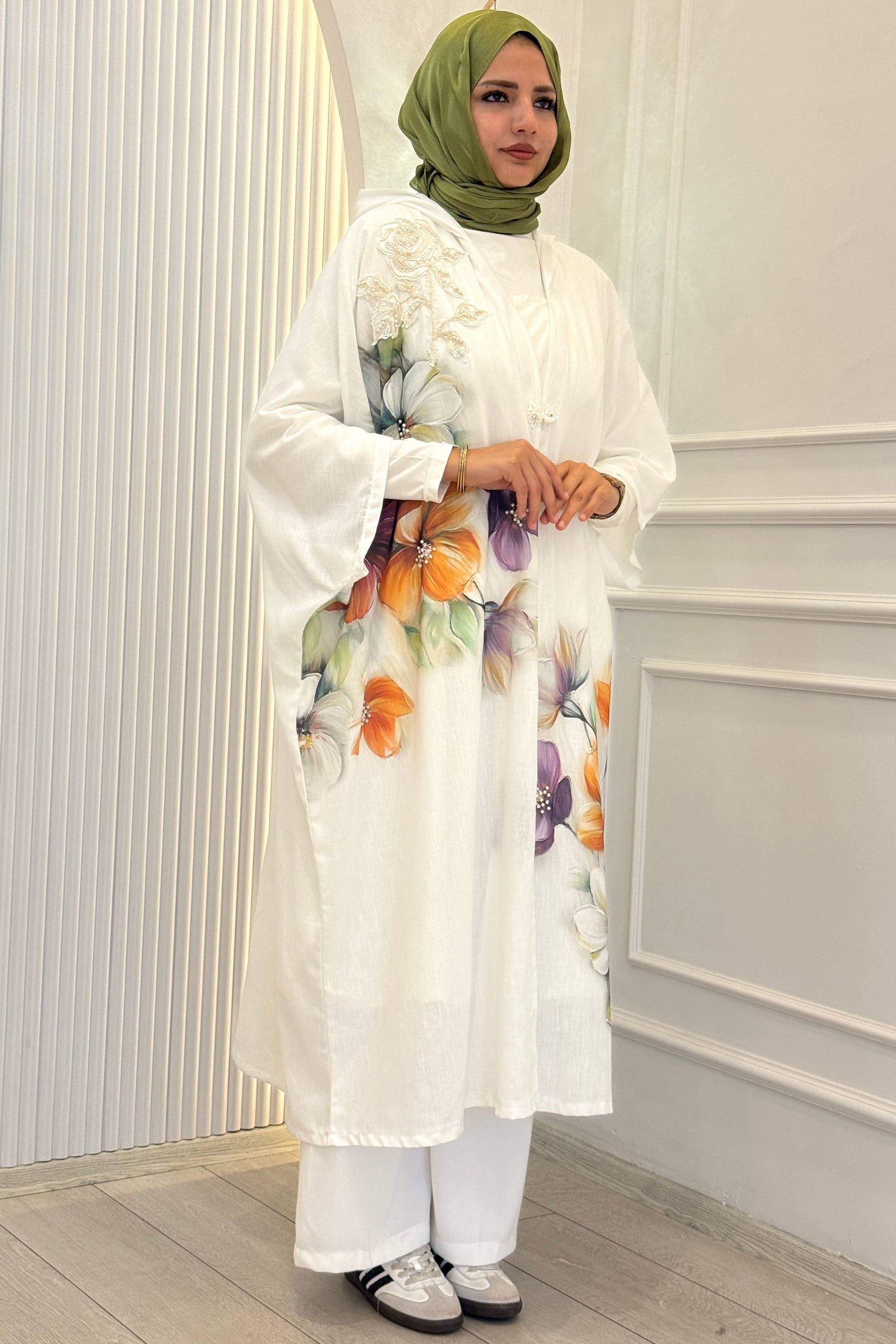 Büyük Beden İçlikli Kimono Takım Beyaz OTW1346