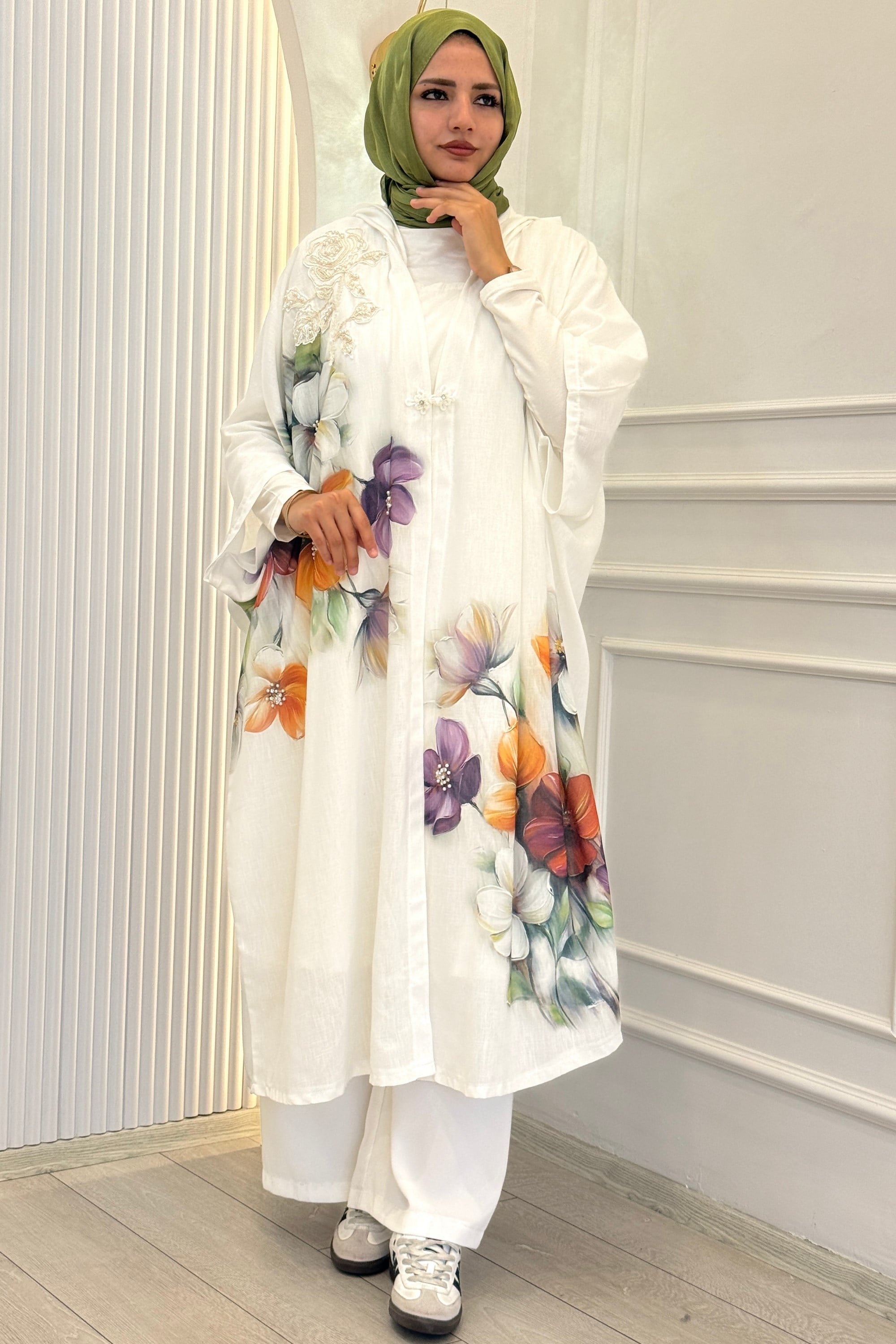 Büyük Beden İçlikli Kimono Takım Beyaz OTW1346