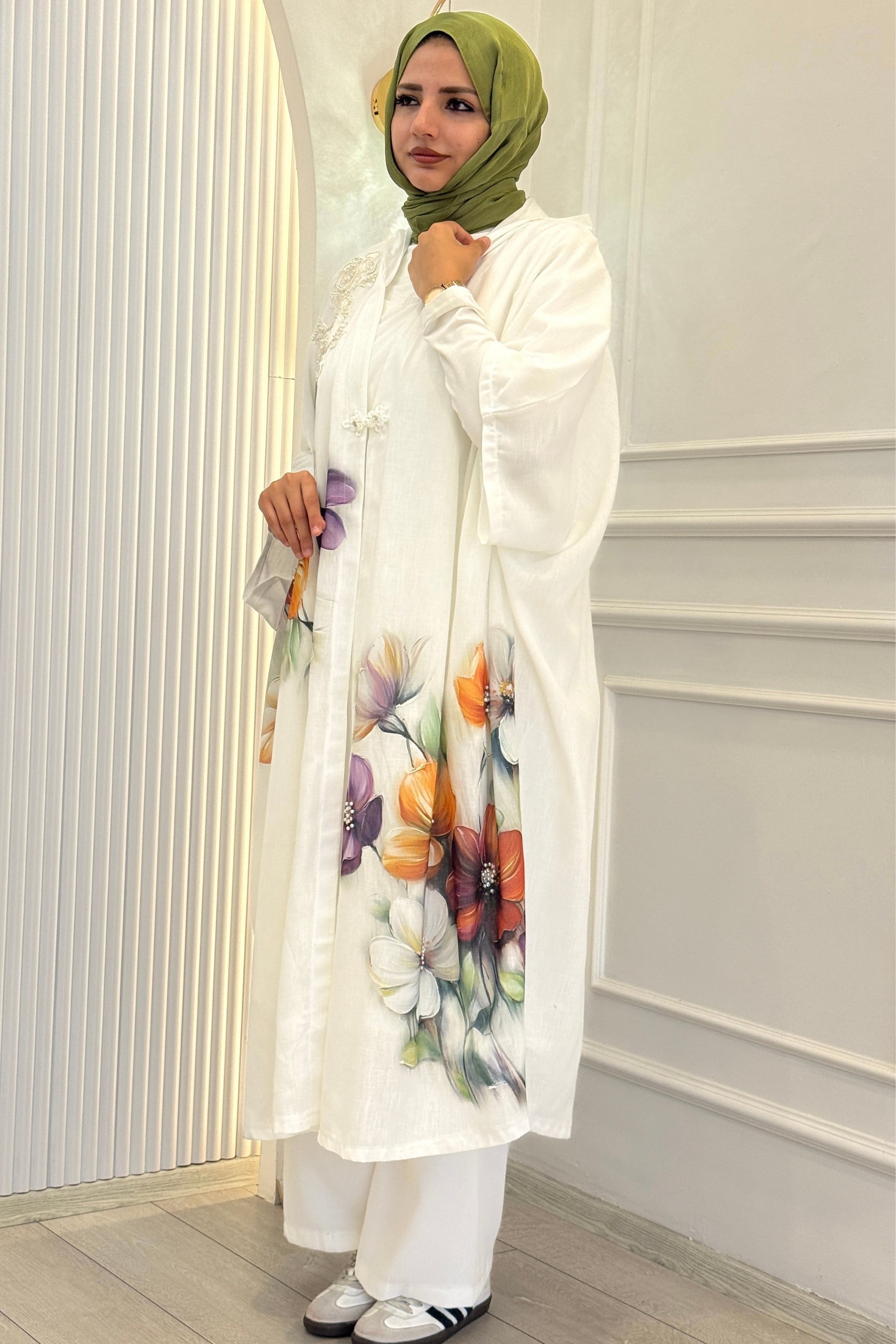 Büyük Beden İçlikli Kimono Takım Beyaz OTW1346