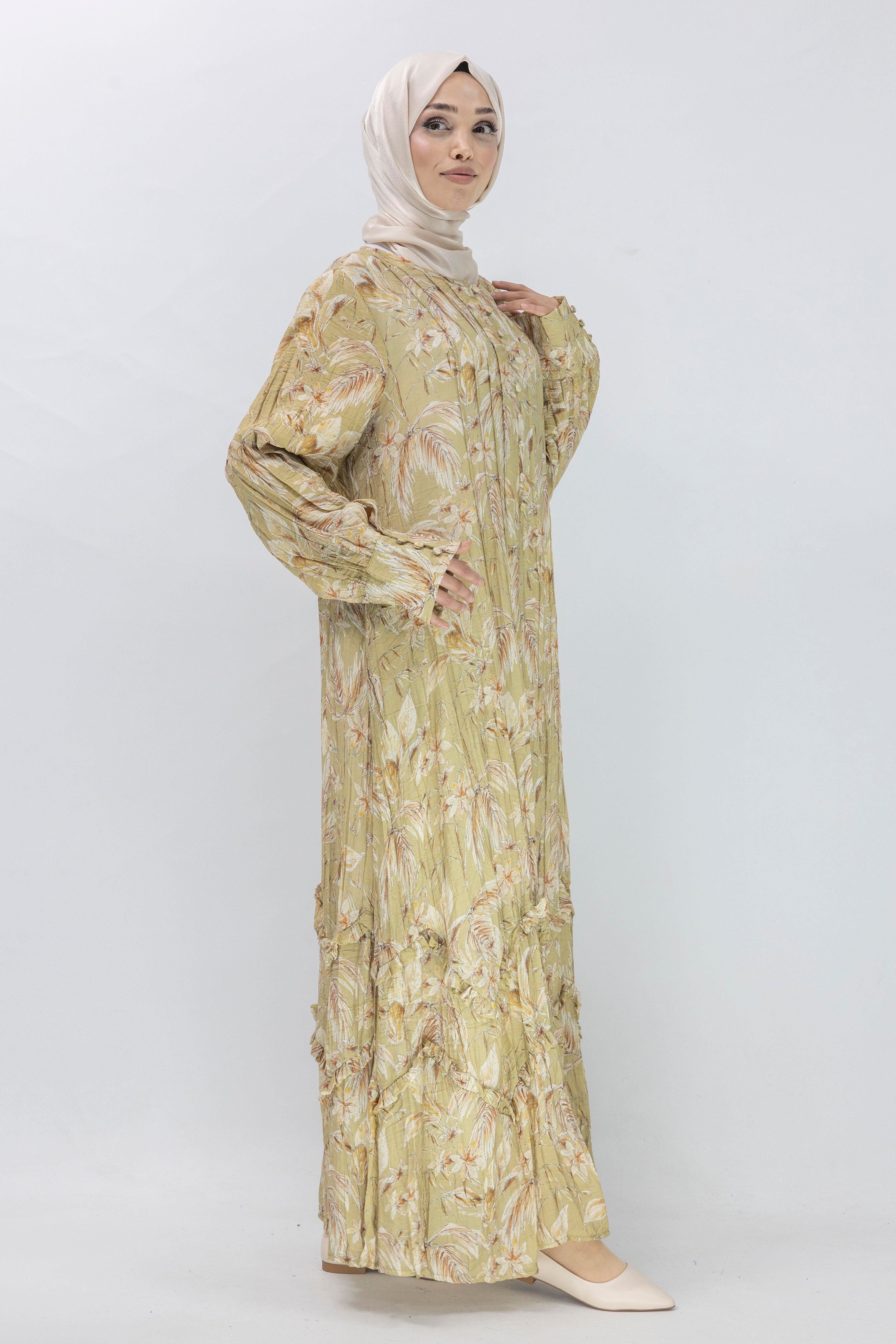 Büyük Beden İçlikli Tropikal Desenli Elbise Yeşil OTW5866