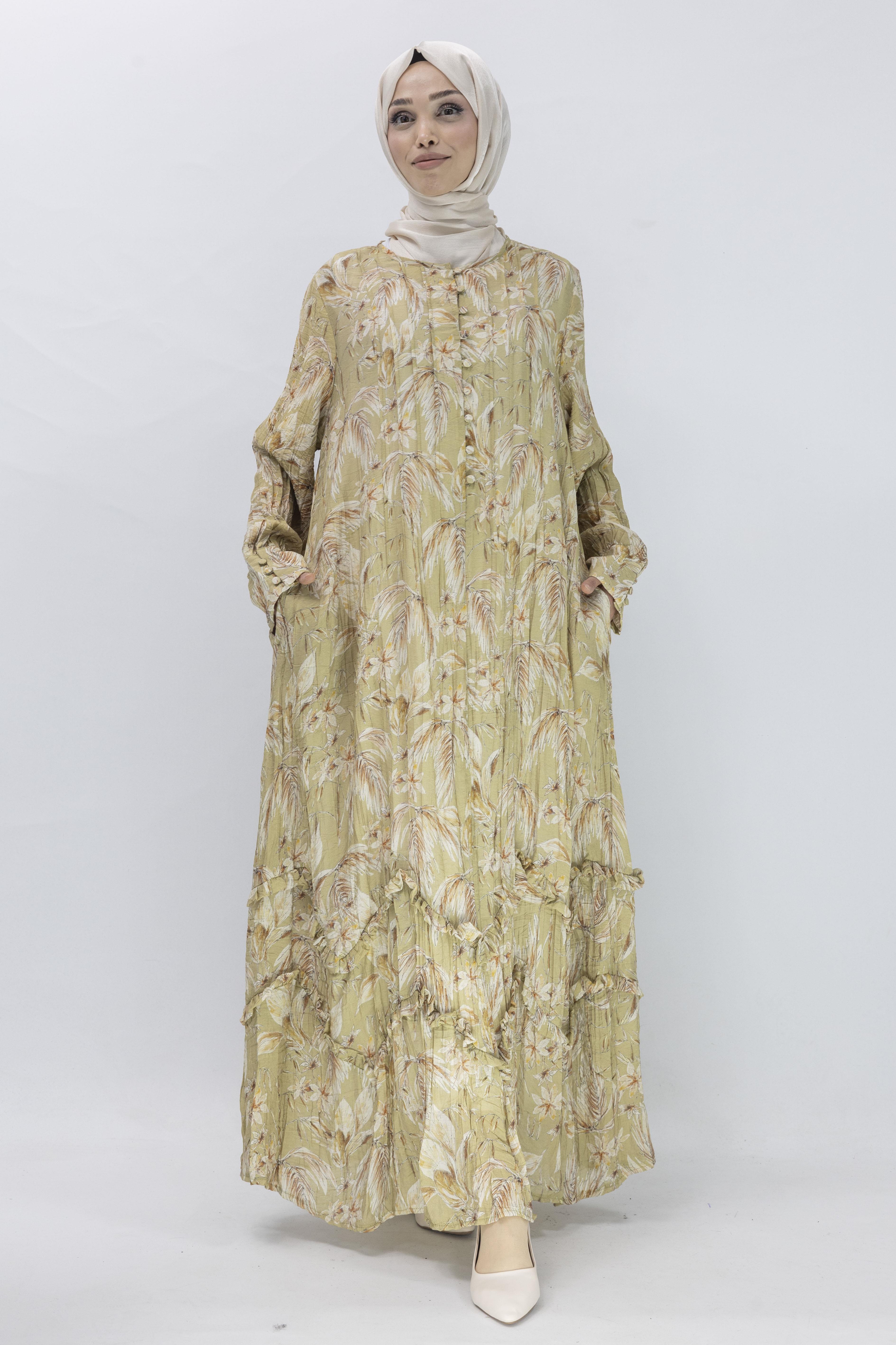 Büyük Beden İçlikli Tropikal Desenli Elbise Yeşil OTW5866