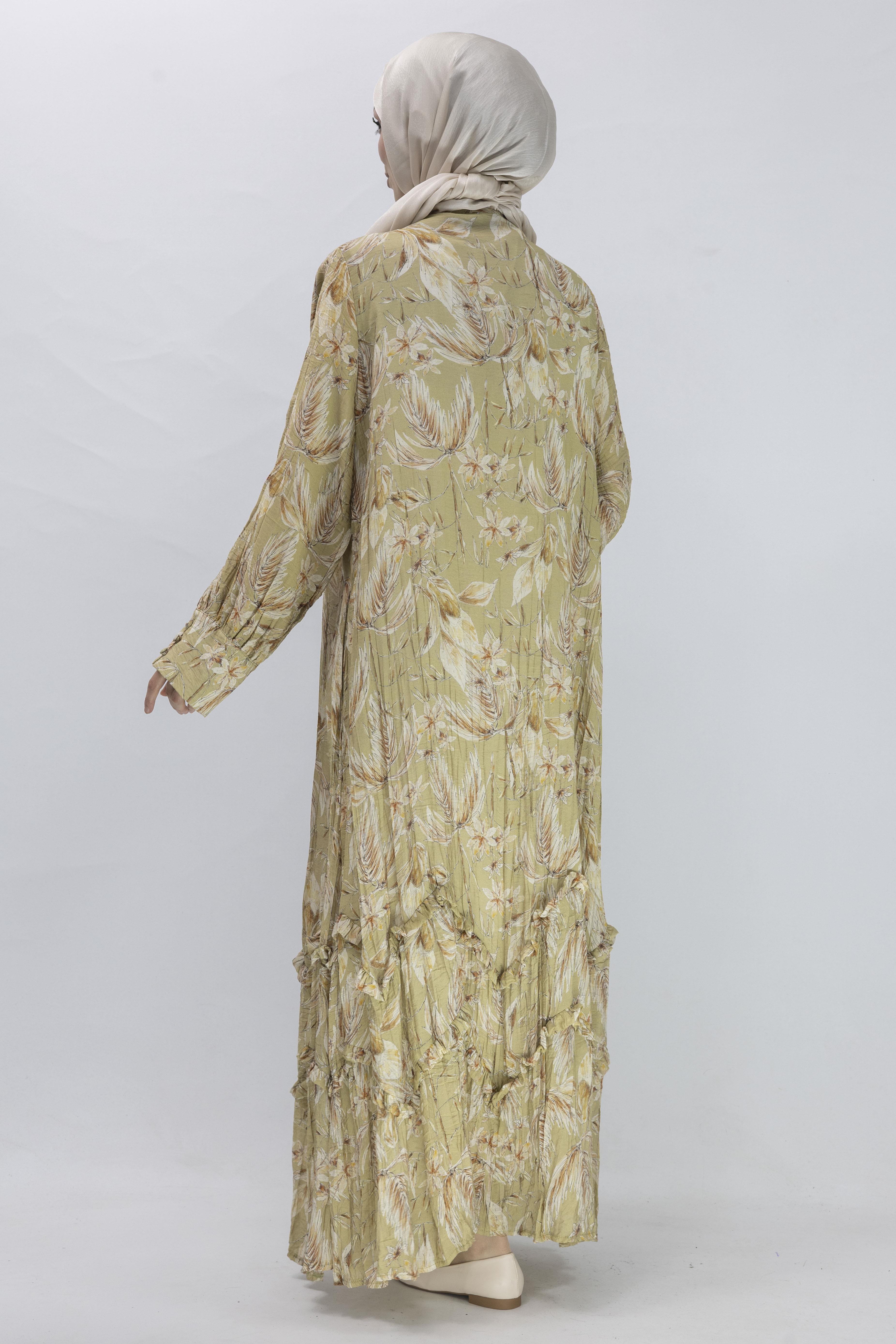 Büyük Beden İçlikli Tropikal Desenli Elbise Yeşil OTW5866