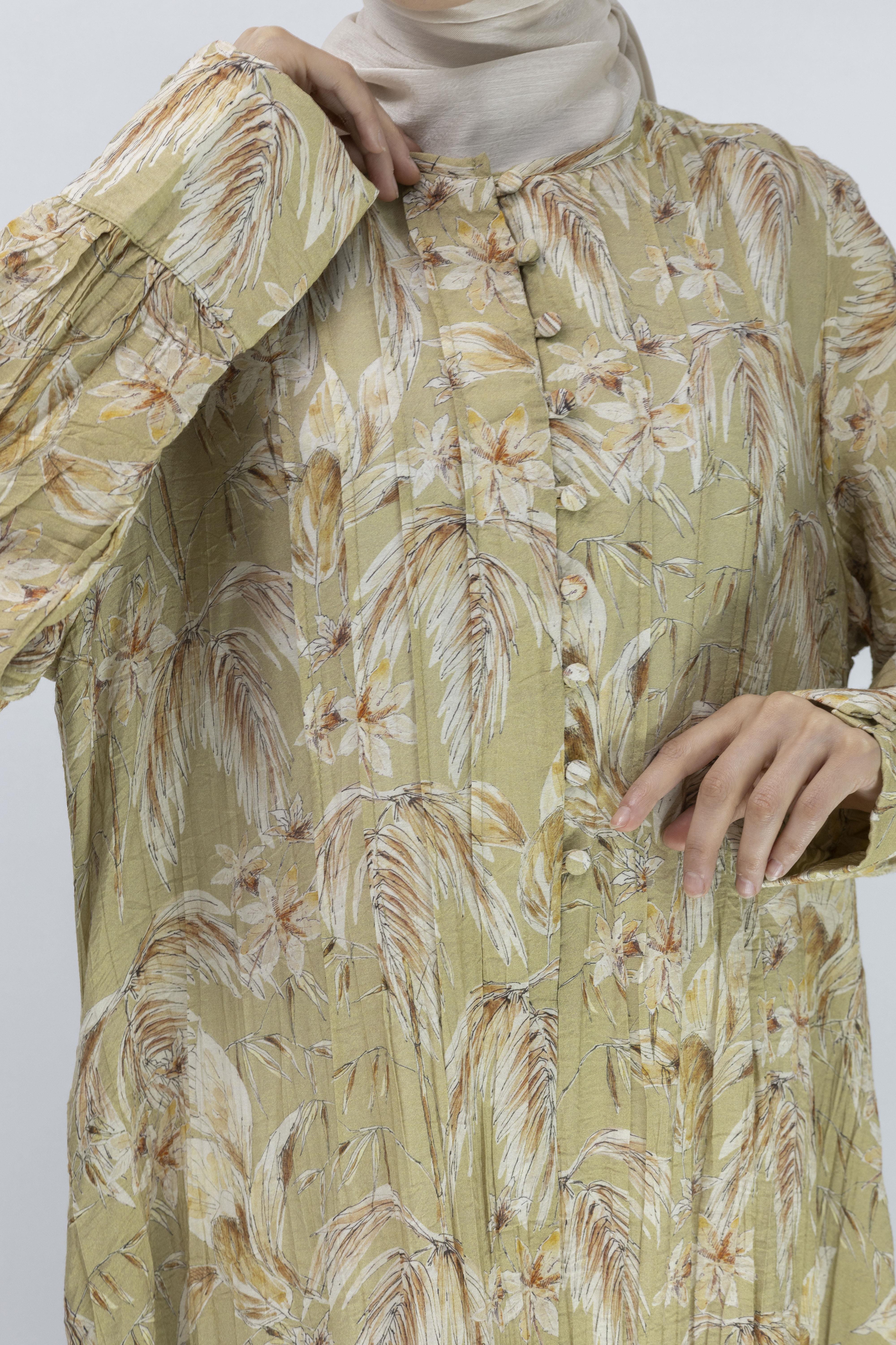 Büyük Beden İçlikli Tropikal Desenli Elbise Yeşil OTW5866