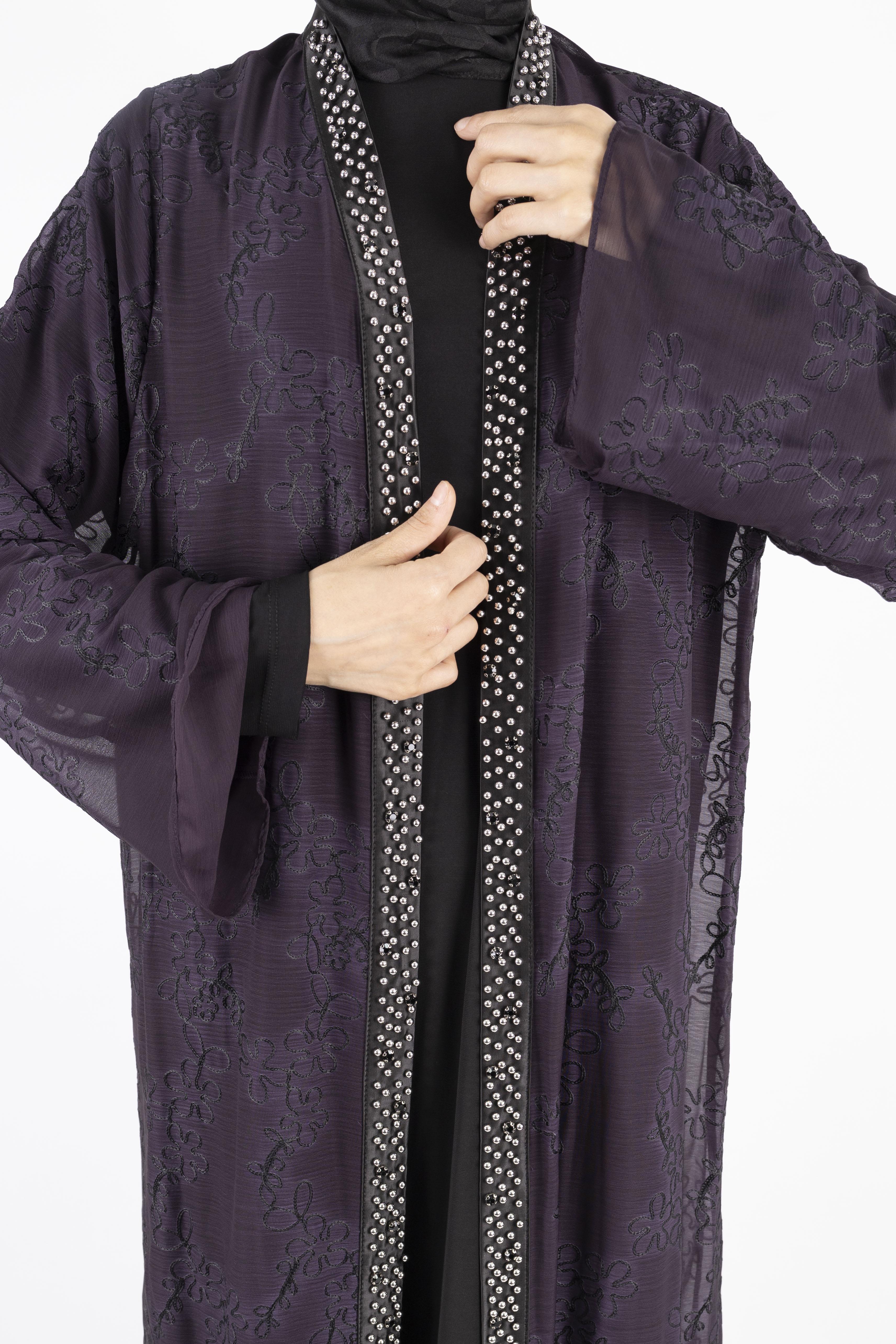 Büyük Beden İnci Çakmalı Abaya Takım Mürdüm OTW42924