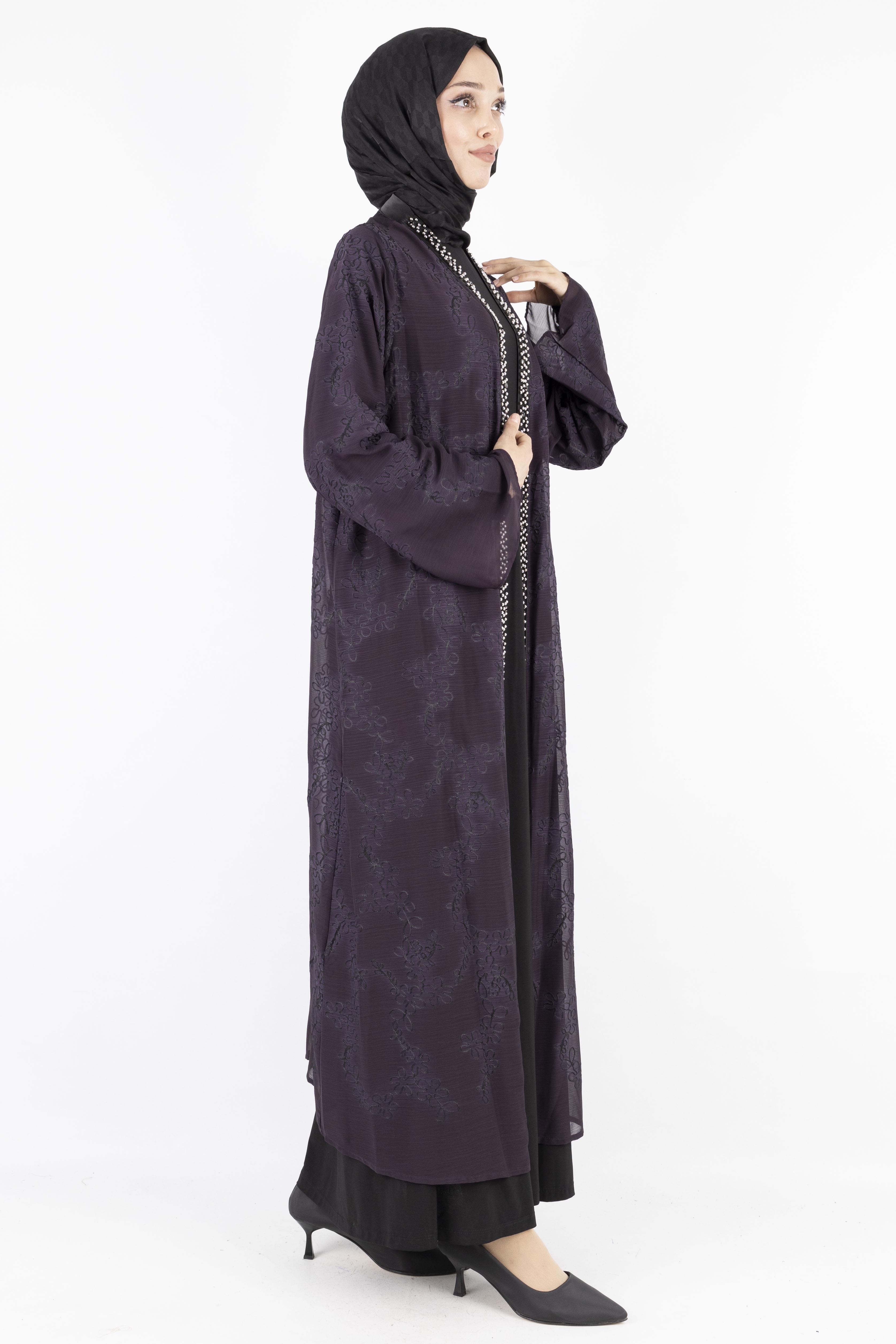 Büyük Beden İnci Çakmalı Abaya Takım Mürdüm OTW42924