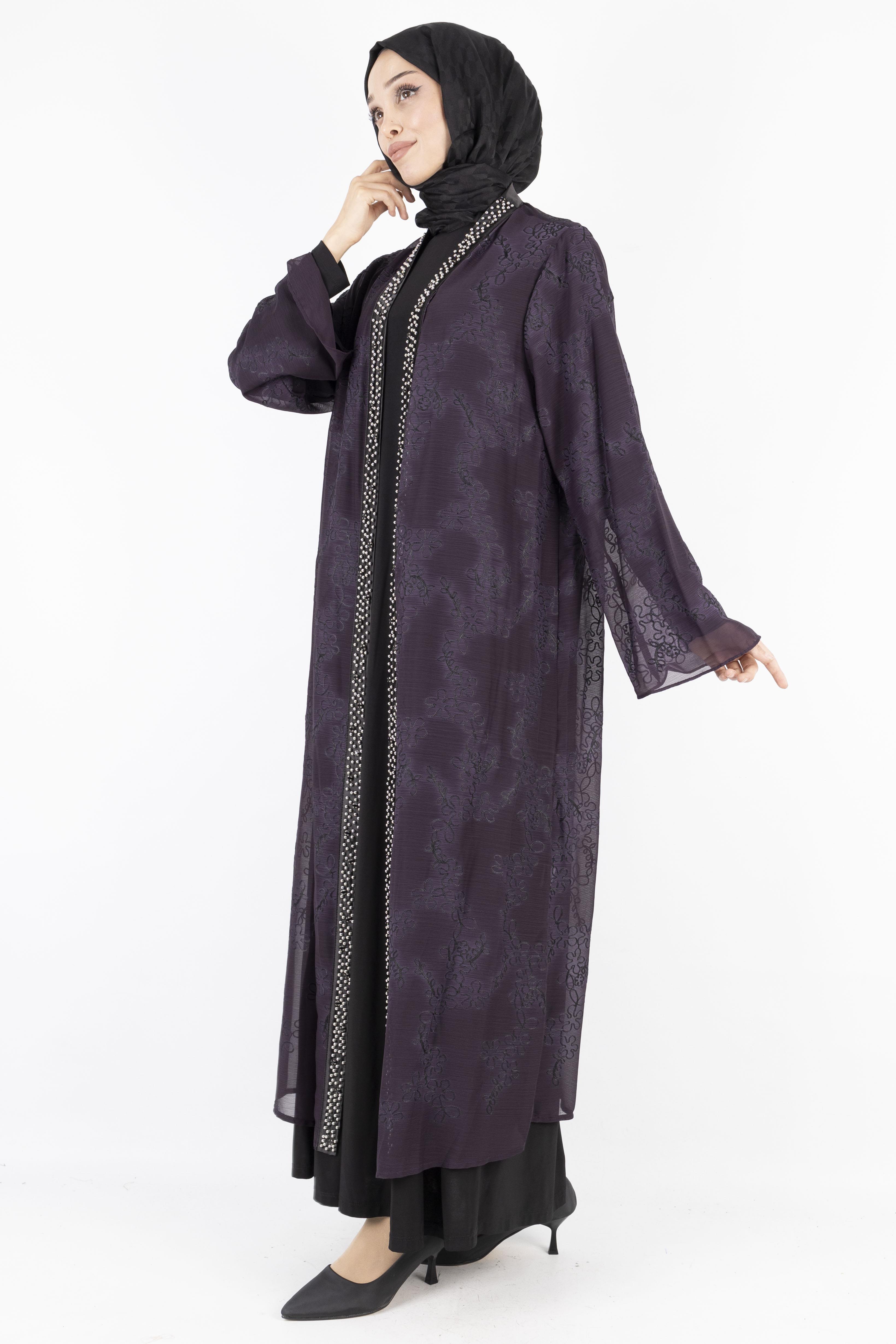 Büyük Beden İnci Çakmalı Abaya Takım Mürdüm OTW42924