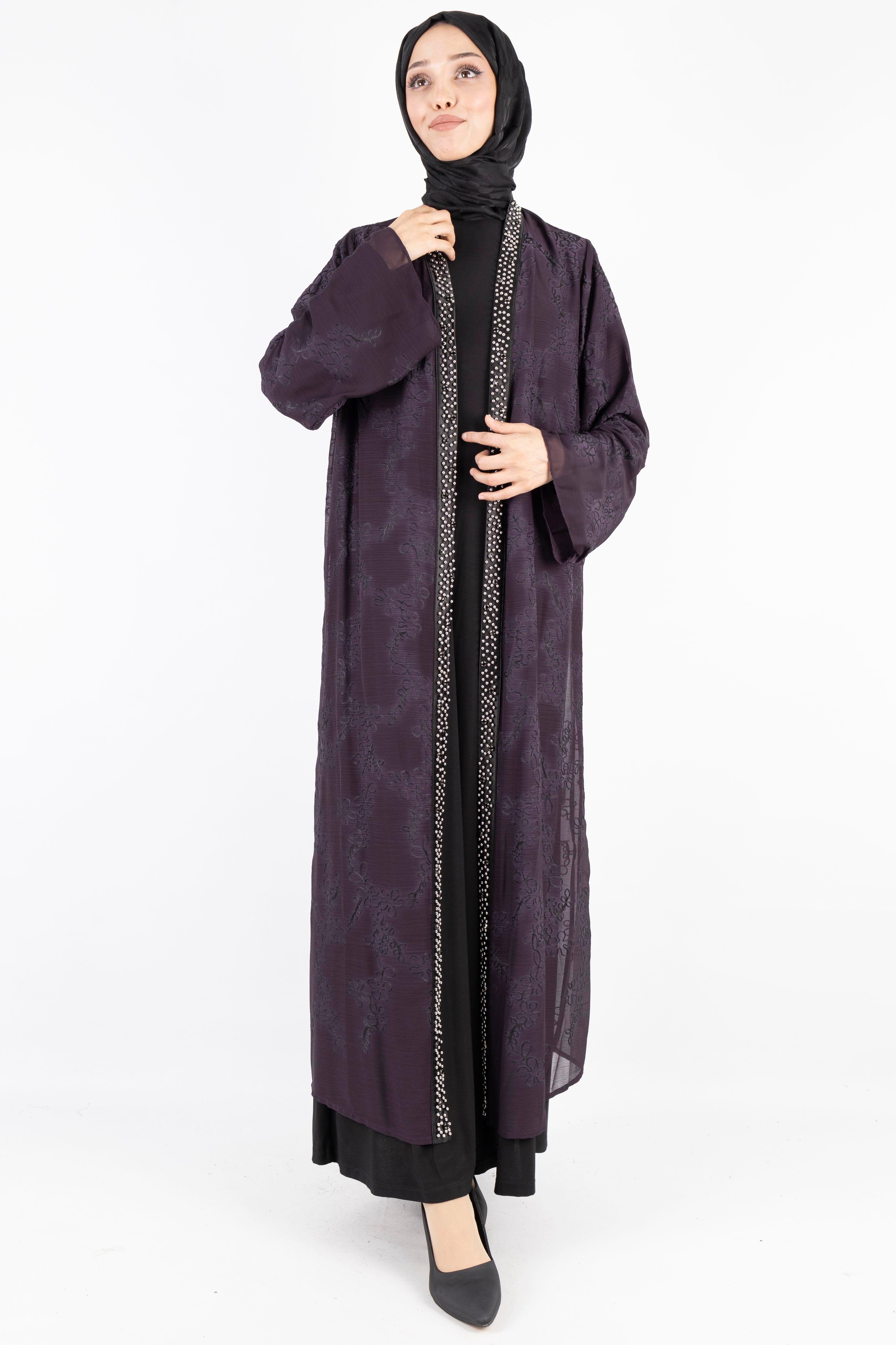 Büyük Beden İnci Çakmalı Abaya Takım Mürdüm OTW42924