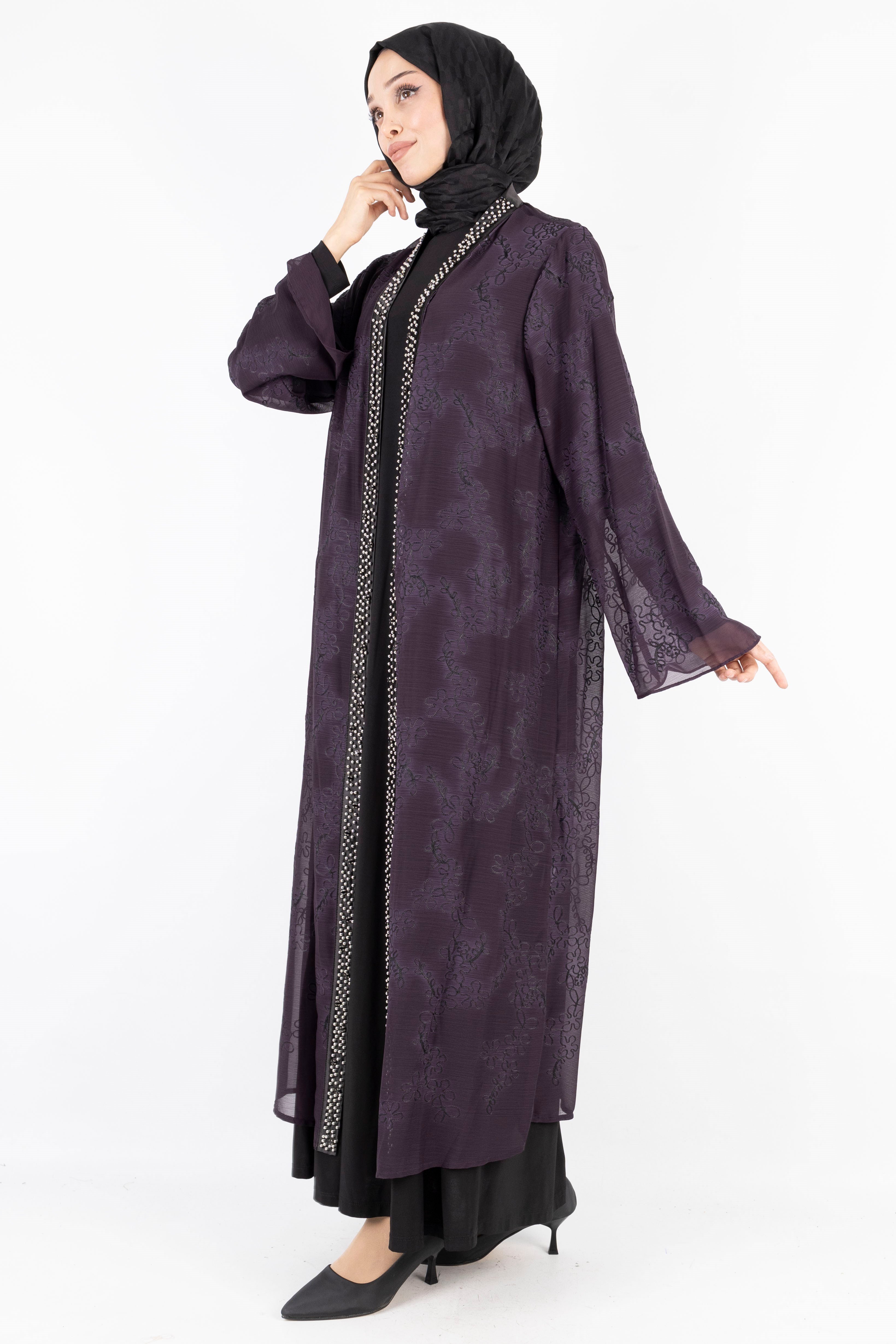 Büyük Beden İnci Çakmalı Abaya Takım Mürdüm OTW42924