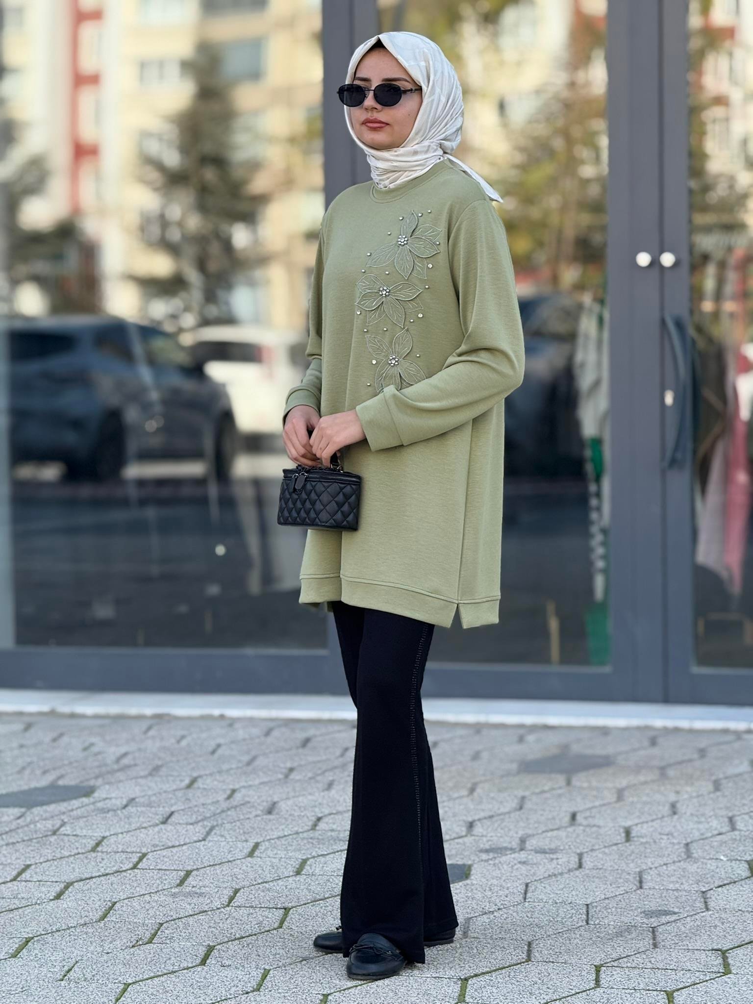 Büyük Beden İnci Çiçek Detaylı Oysho Tunik Mint OTW2196