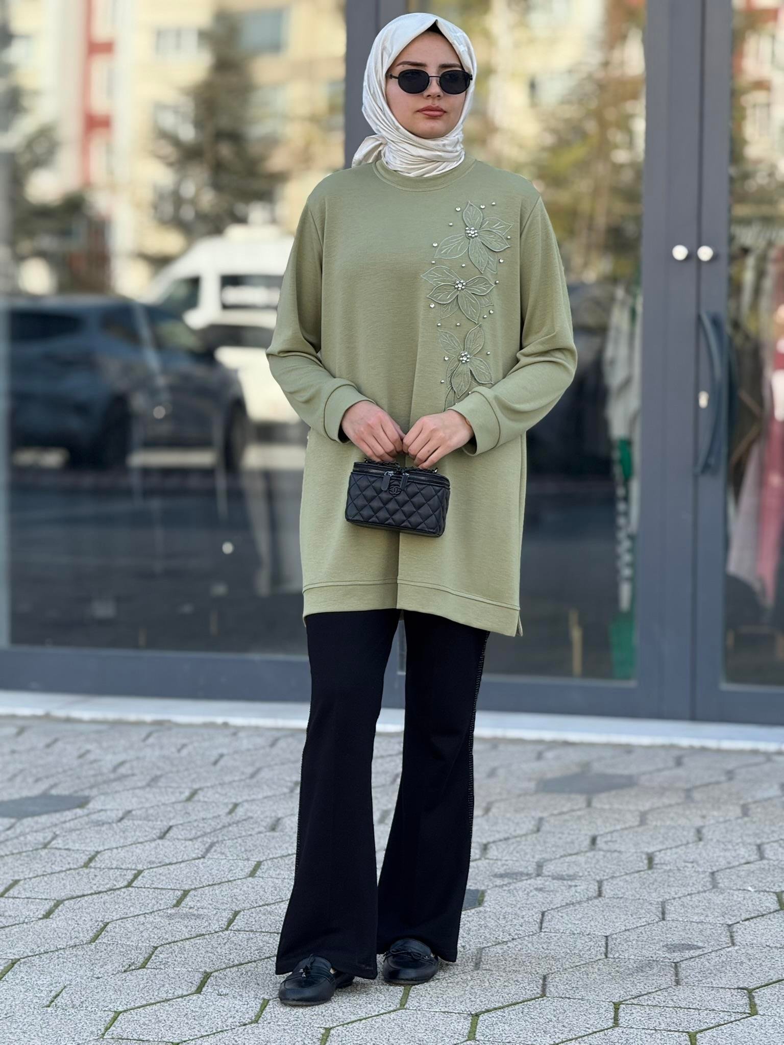 Büyük Beden İnci Çiçek Detaylı Oysho Tunik Mint OTW2196