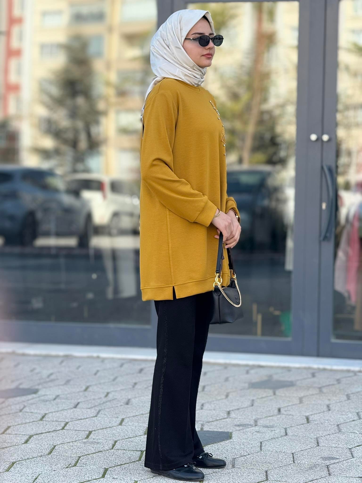 Büyük Beden İnci Çiçek Detaylı Oysho Tunik Hardal OTW2196