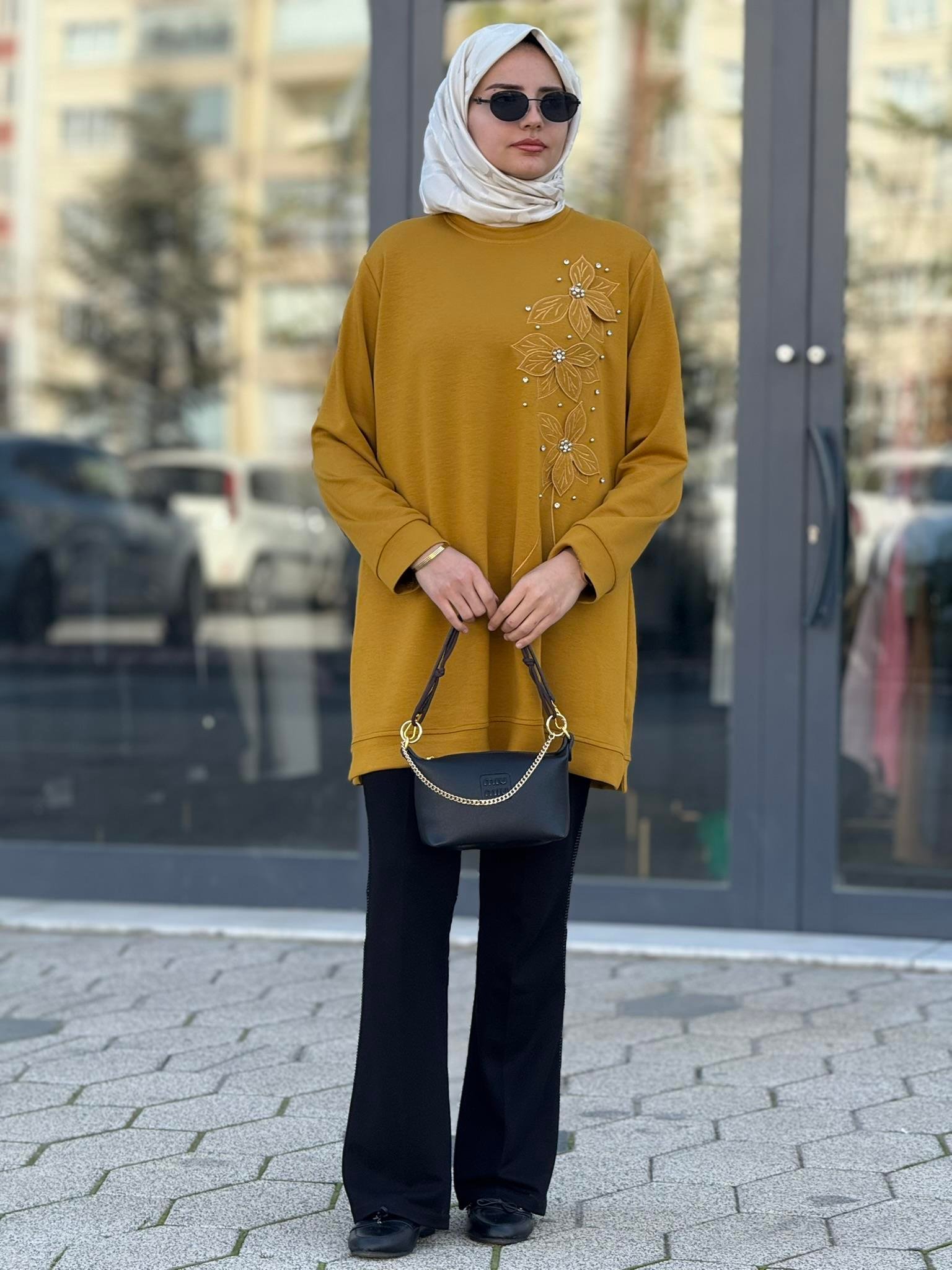 Büyük Beden İnci Çiçek Detaylı Oysho Tunik Hardal OTW2196