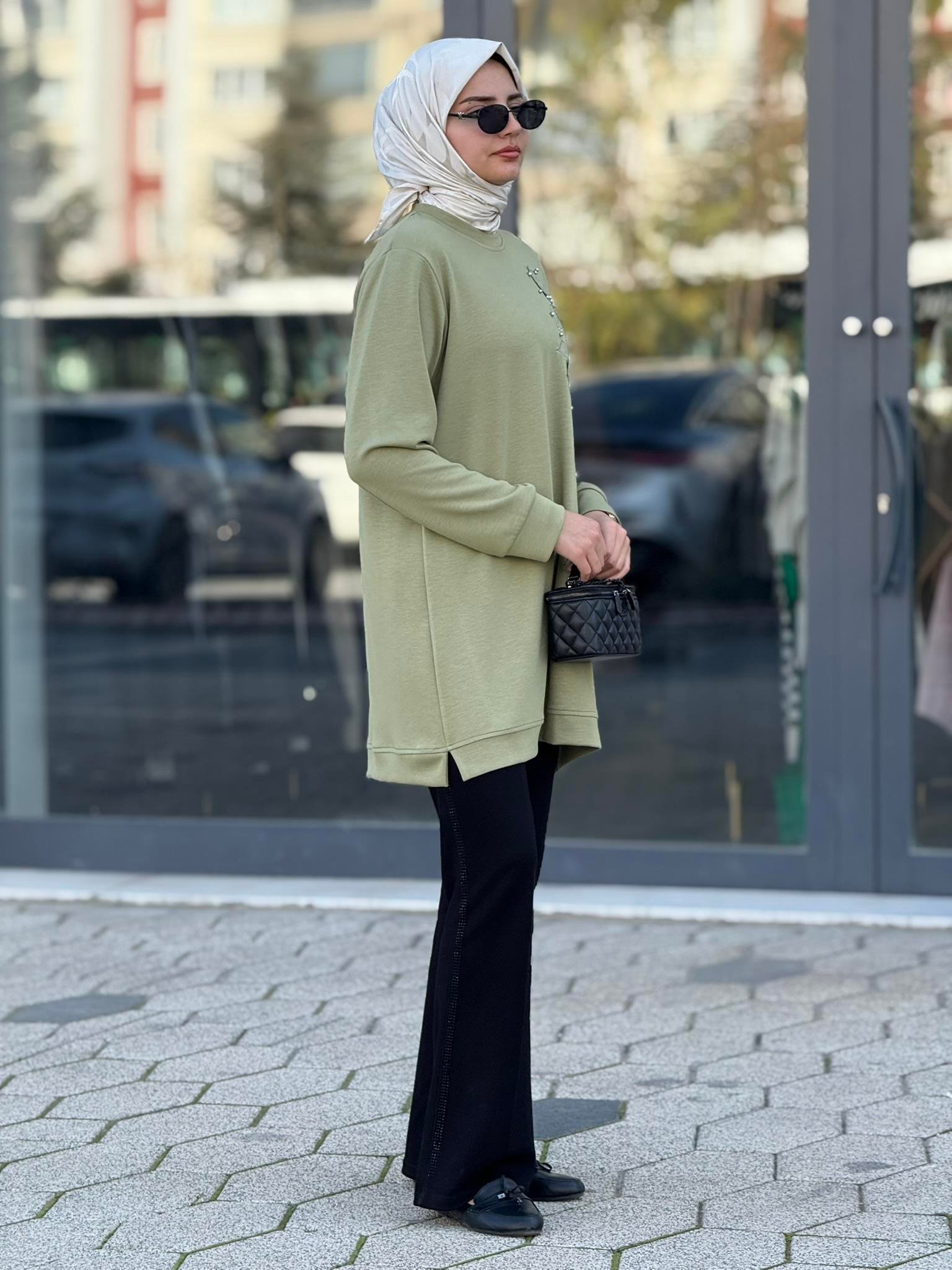 Büyük Beden İnci Çiçek Detaylı Oysho Tunik Mint OTW2196