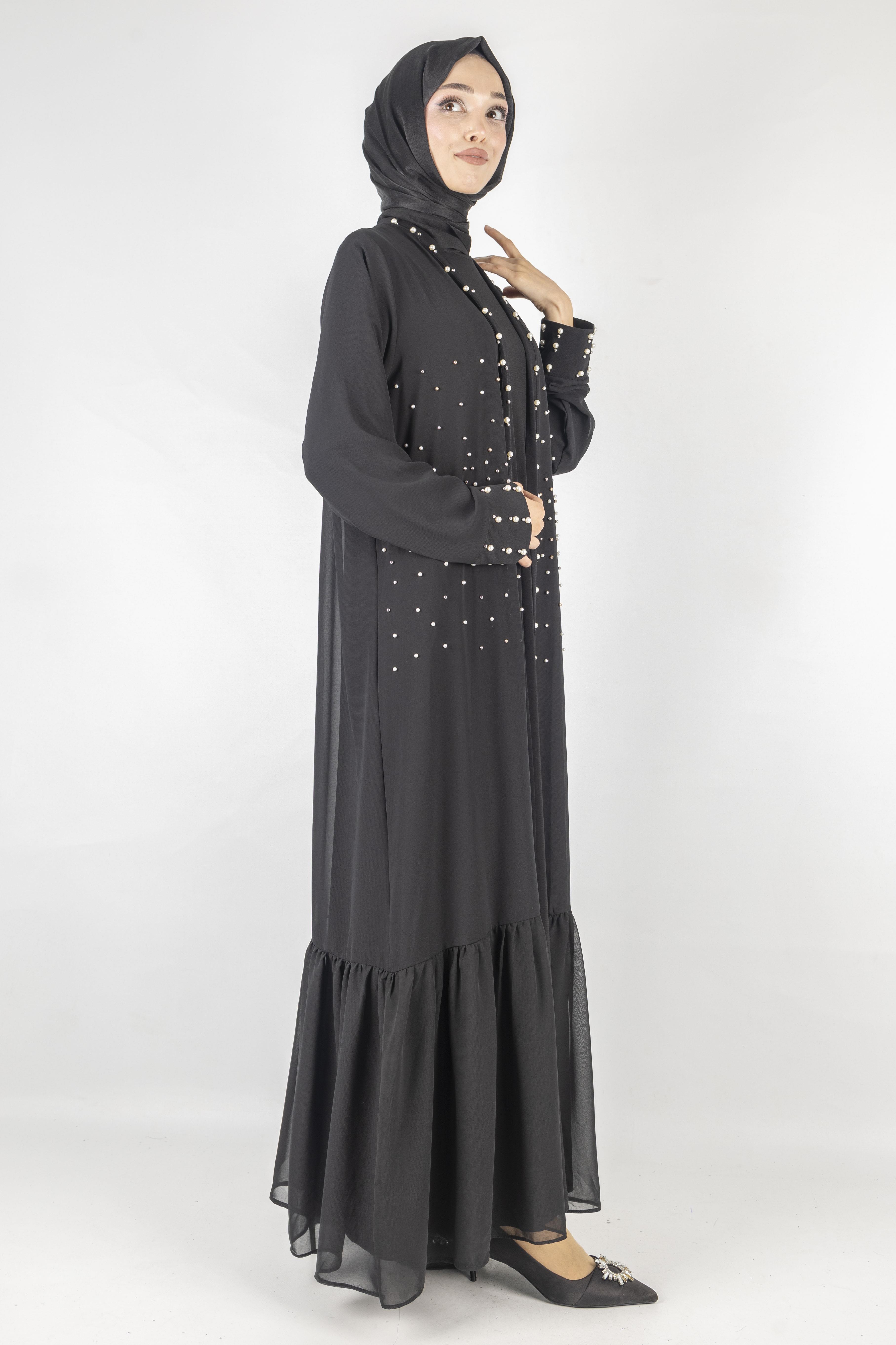 Büyük Beden İncili Abaya Takım Siyah OTW25354