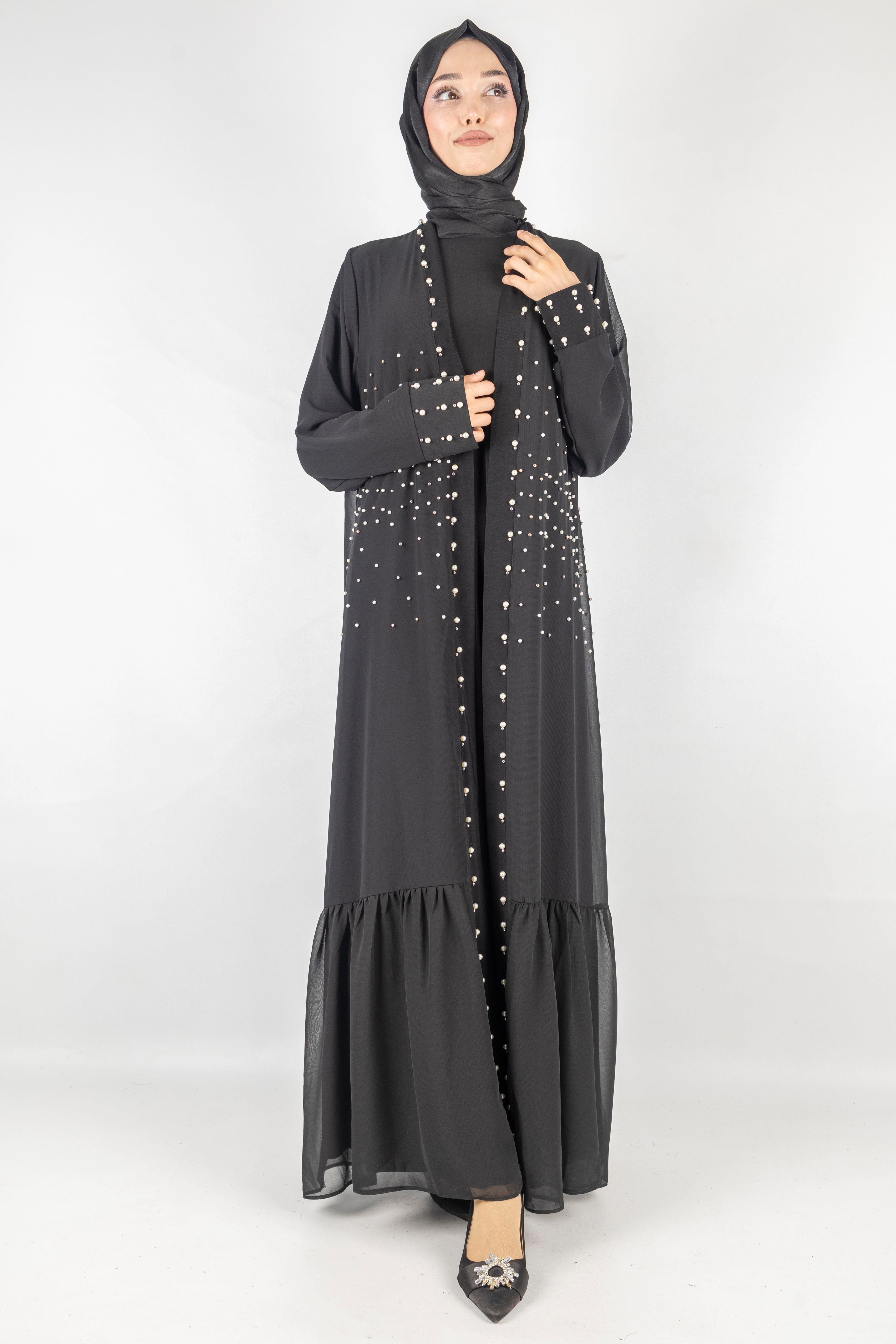 Büyük Beden İncili Abaya Takım Siyah OTW25354