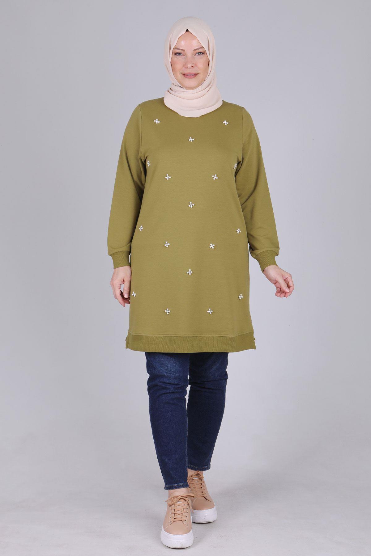 Büyük Beden İncili Tunik Olive OTW2041