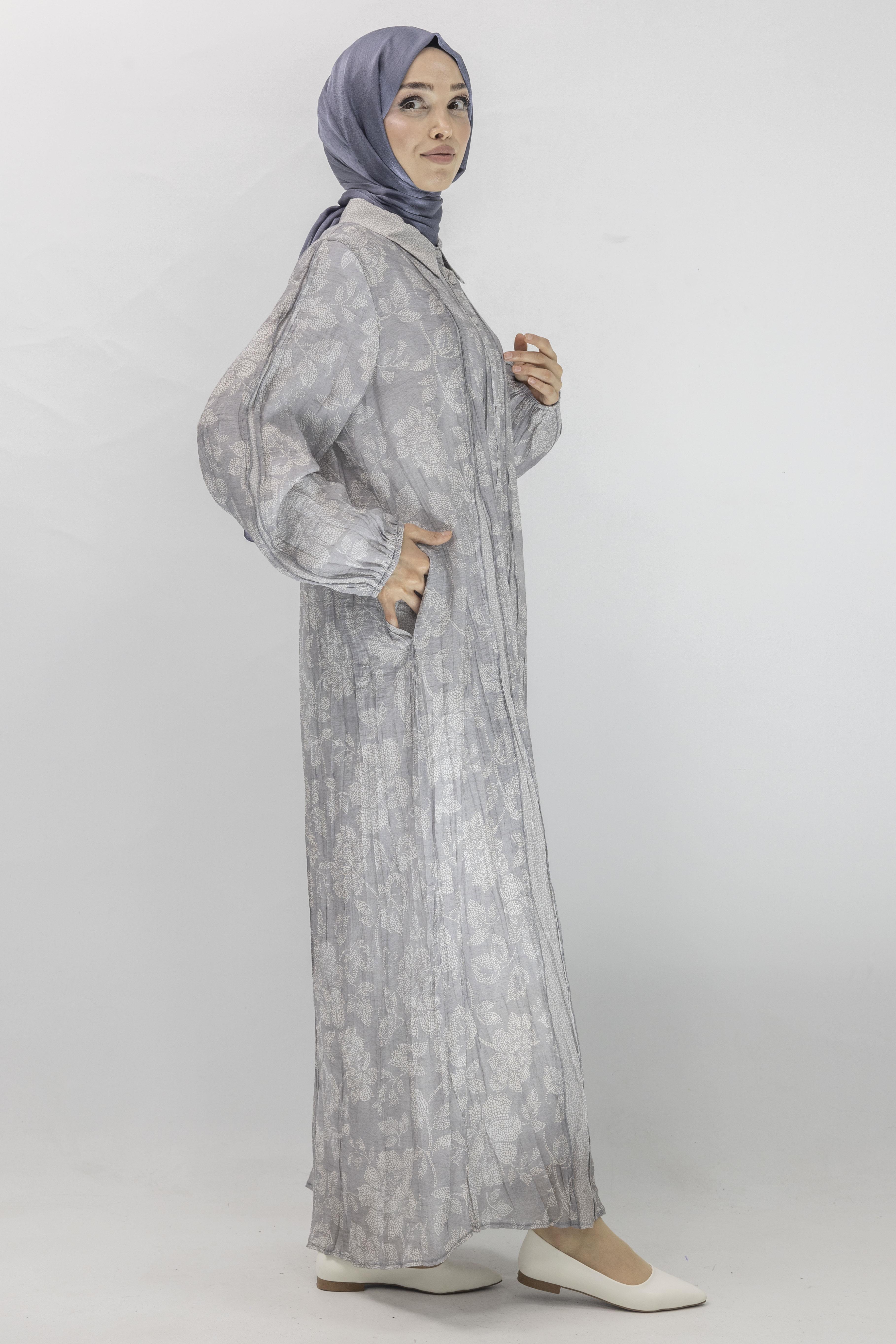 Büyük Beden İpek Viskon Astarlı Viscose Elbise Gri OTW5905