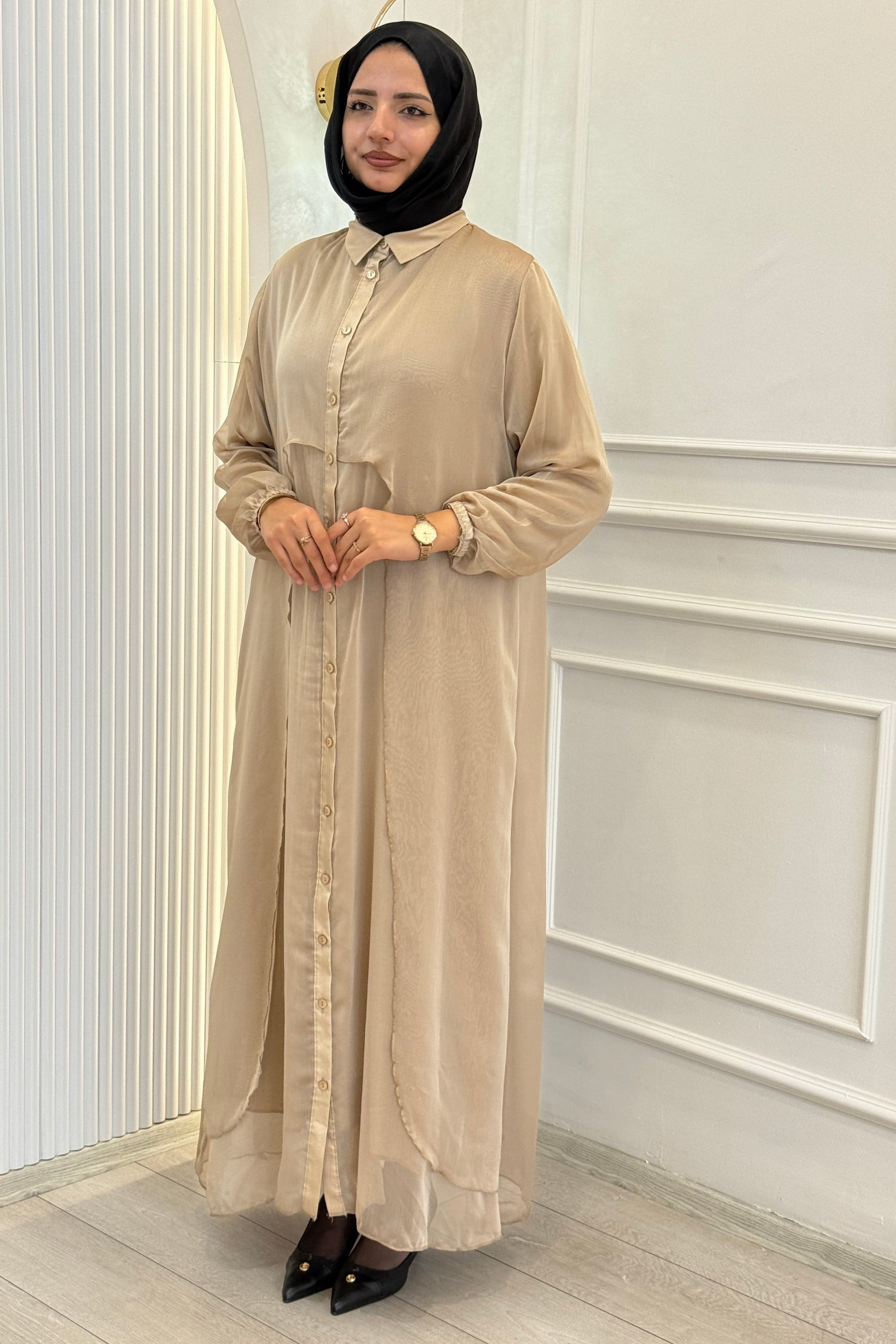 Büyük Beden İthal İpek Tesettür Elbise Krem OTW392