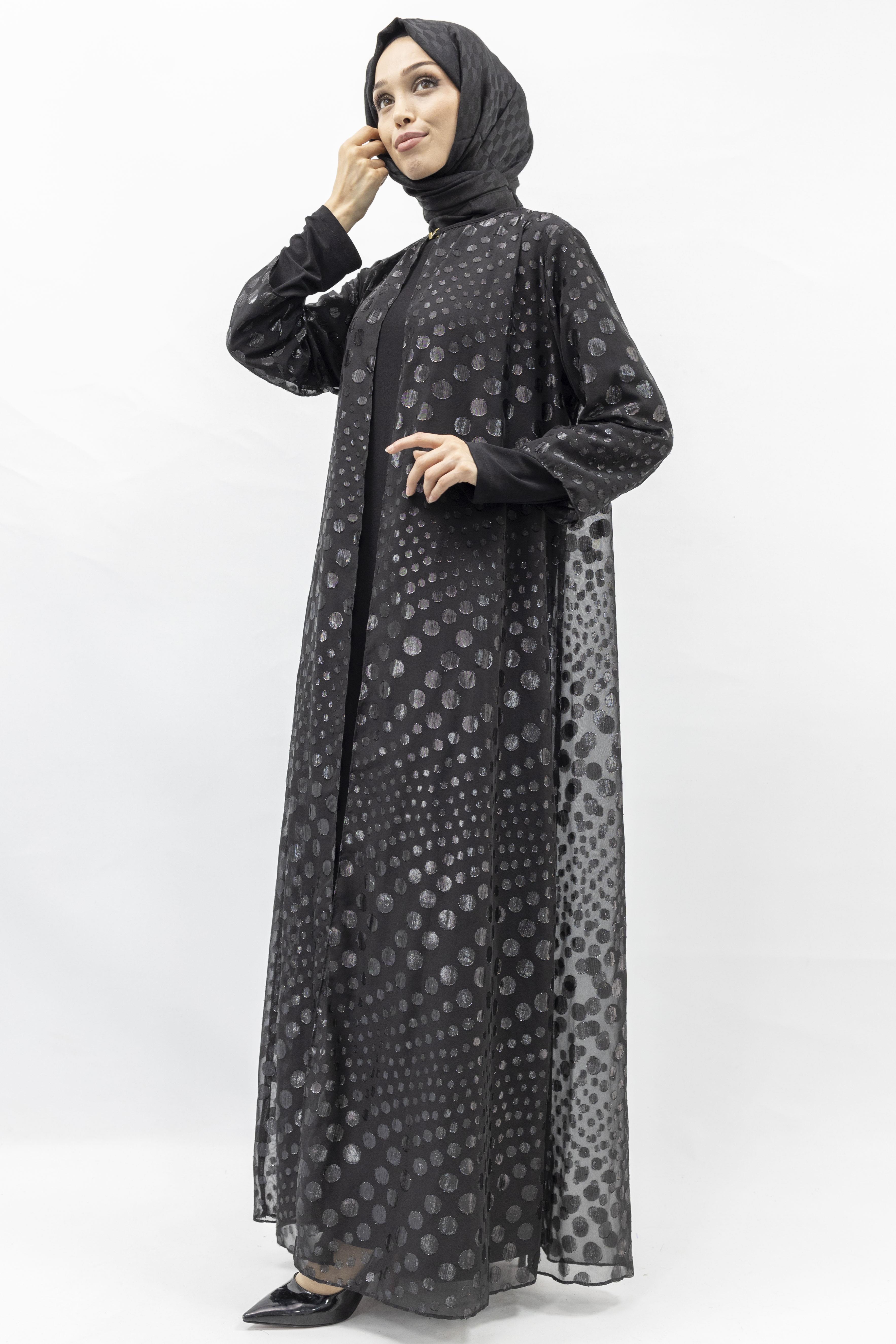 Büyük Beden Jakar Kumaş Abaya ve İçlik Takım Siyah OTW568