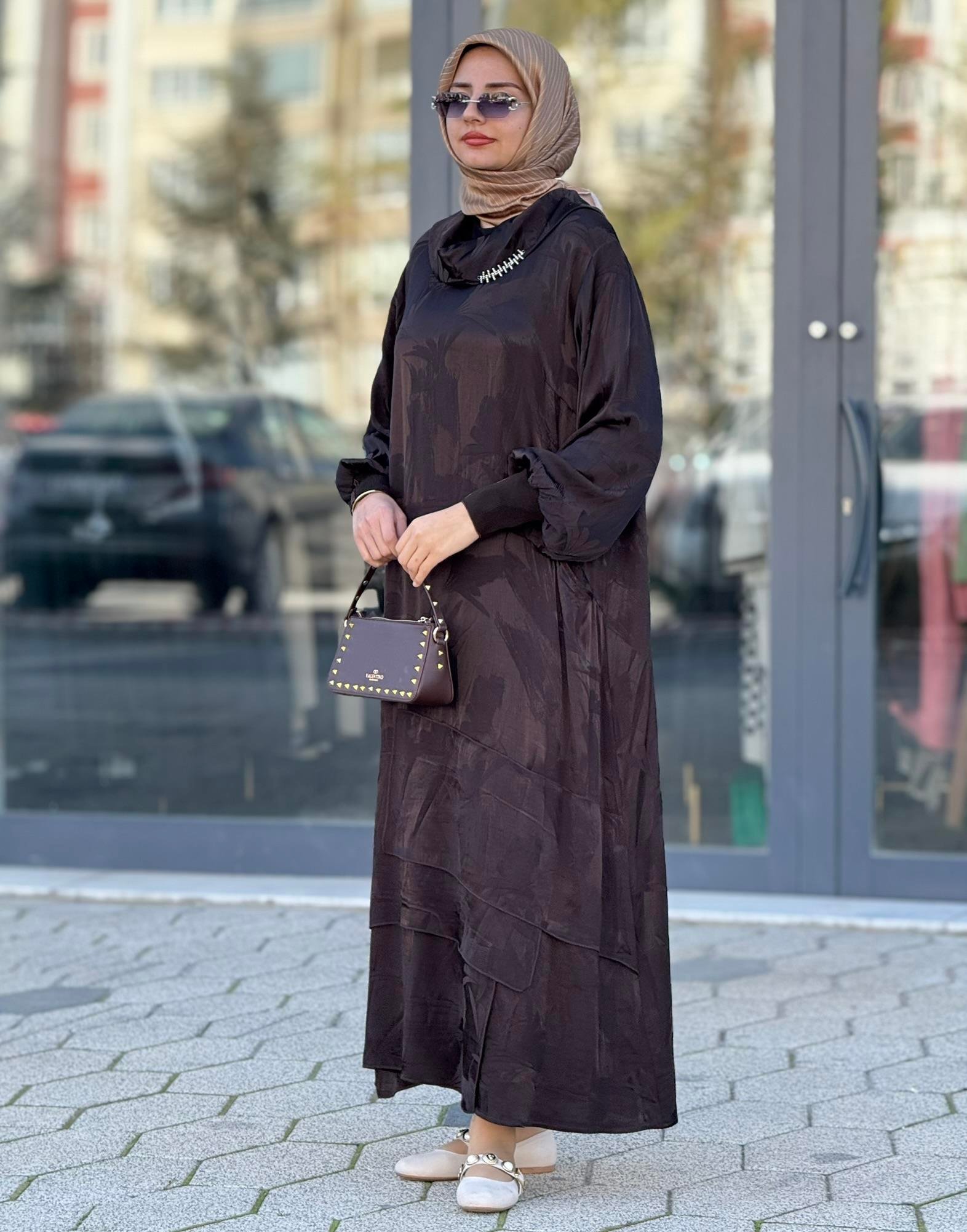 Büyük Beden Jakar Kumaş Elbise Kahve OTW3870