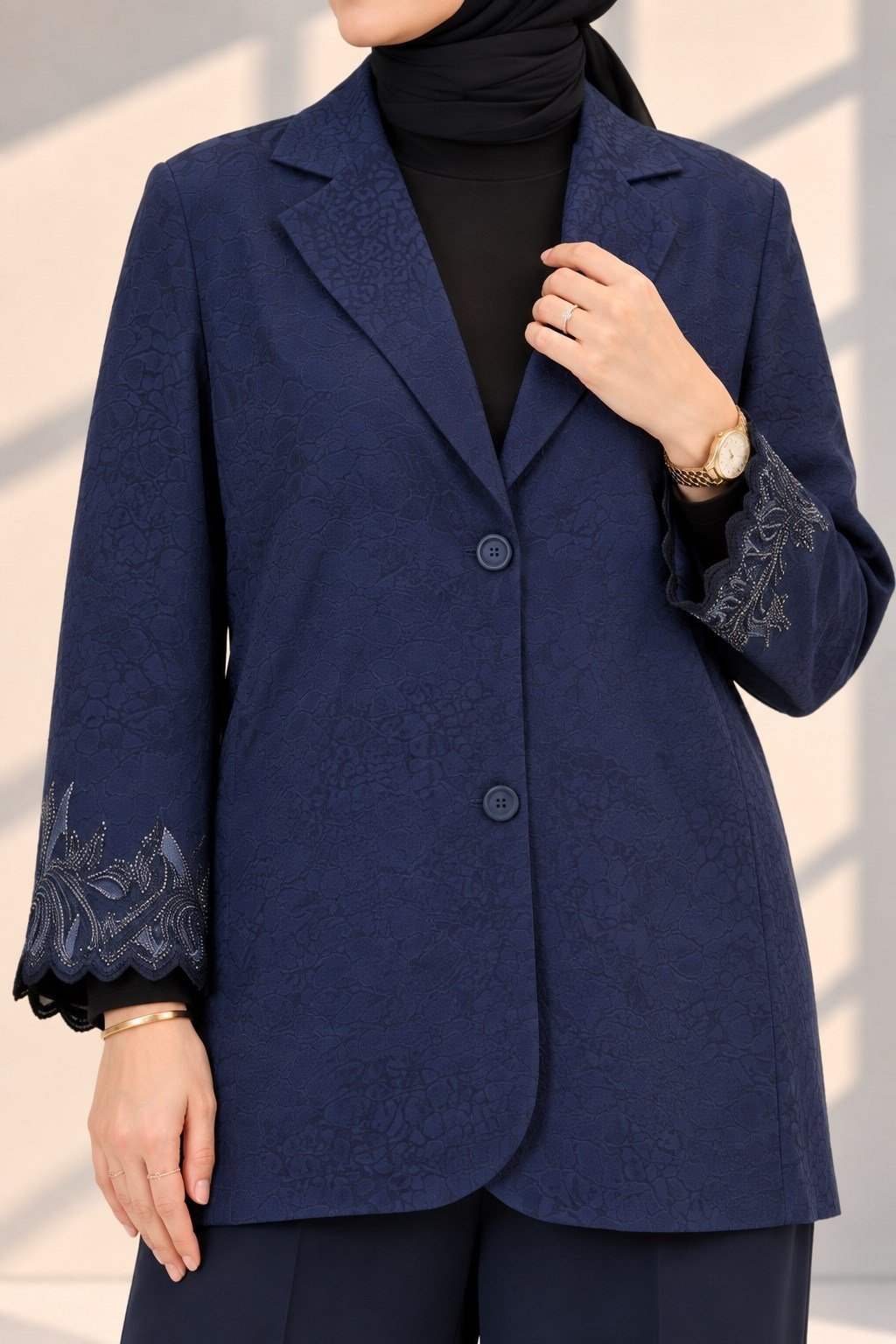 Büyük Beden Jakar Kumaş İşlemeli Blazer Ceket Lacivert OTW26260